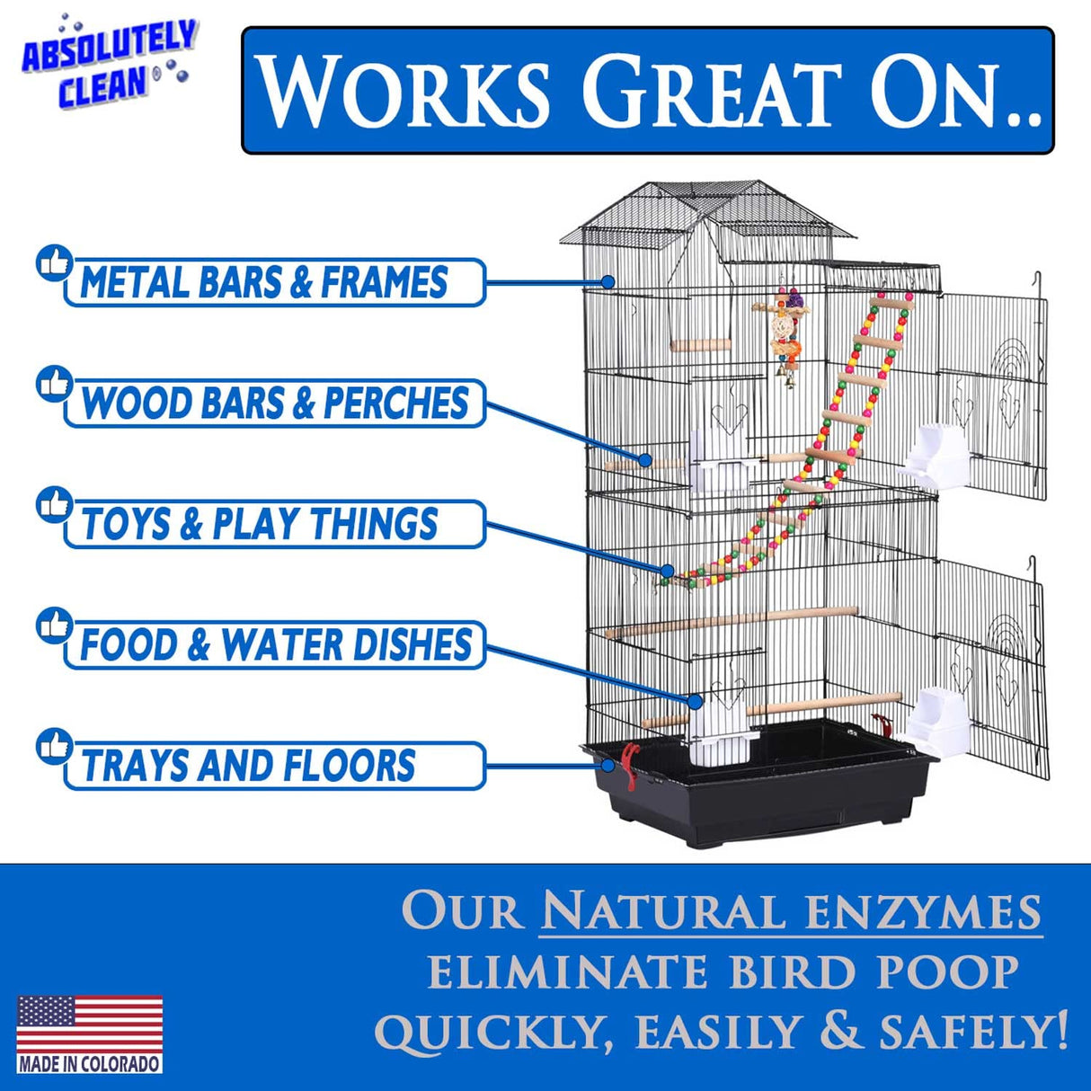 Absolutely Clean Amazing Bird Cage Cleaner and Deodorizer - Just Spray/Wipe - Safely & Easily Removes Bird Messes Quickly and Easily - Made in The US - Fragrance Free - 128oz Gallon
