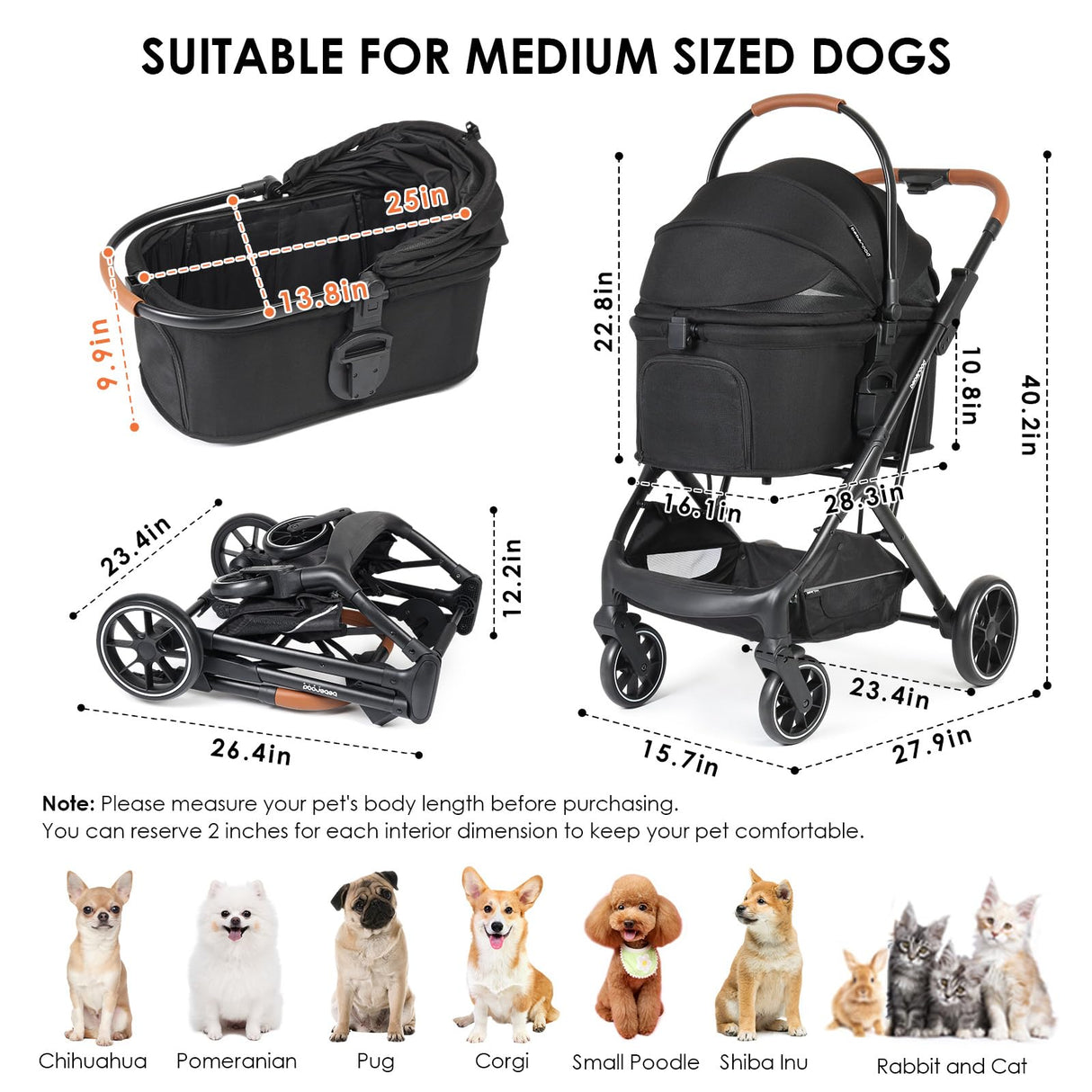 Beberoad Pets T6 Luxury Pet Stroller for Medium Dogs Up to 66lbs or 2 Small Pets – 3-in-1 Dog & Cat Stroller with Removable Carrier, Foldable & Lightweight (Black)