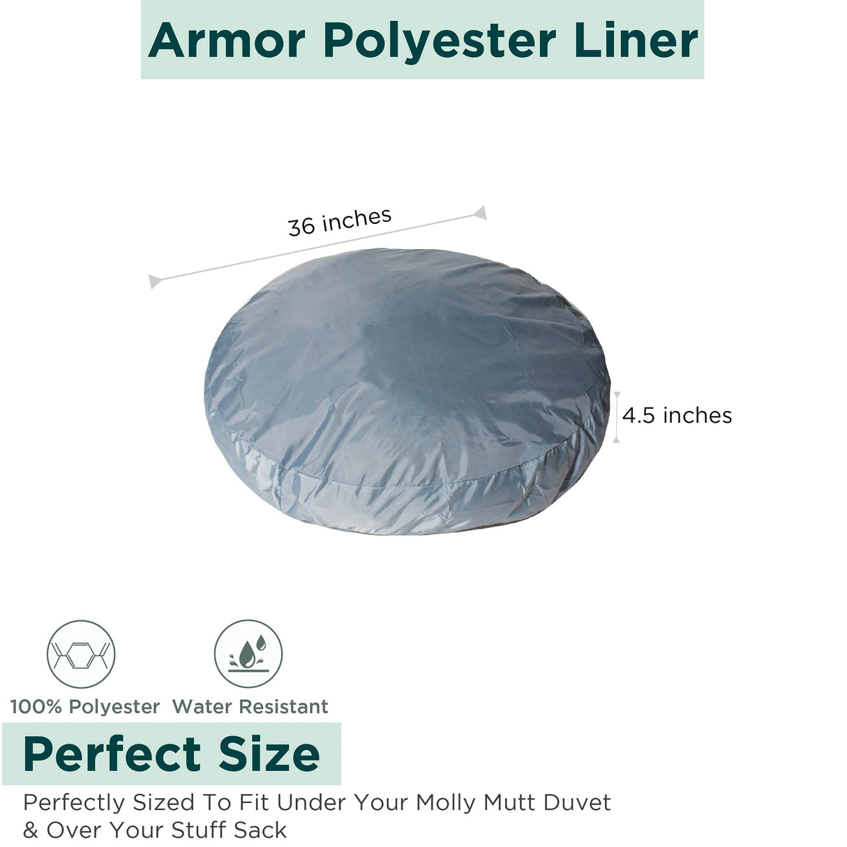 Molly Mutt Water-Resistant Dog Bed Liner, Nylon Bed Liner For Dogs, Easy To Clean, Gray, Round, 36”x36”x4.75”