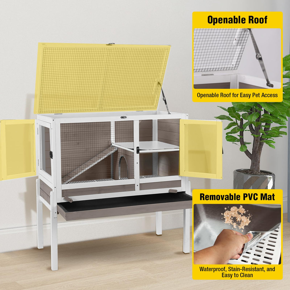 Aivituvin 2-Story Indoor Rabbit Hutch Guinea Pig Cage with Stand, Wooden Bunny Cage Small Animal Cages with Chew-Proof Ramp, Pull-Out Tray & Leakproof PVC Layer (Brown)