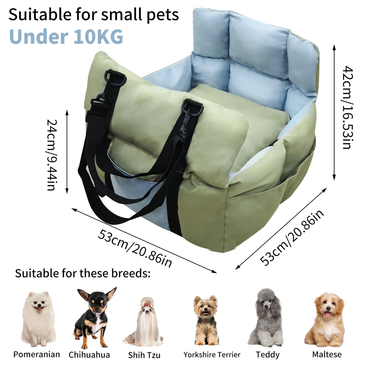 Dog Car Seat for Small Dogs: Doggy Seats Bed for Car Waterproof with Safety Leash - Pet Carseat Doggie Carriers with Storage Pockets, Hair Proof, Light Green
