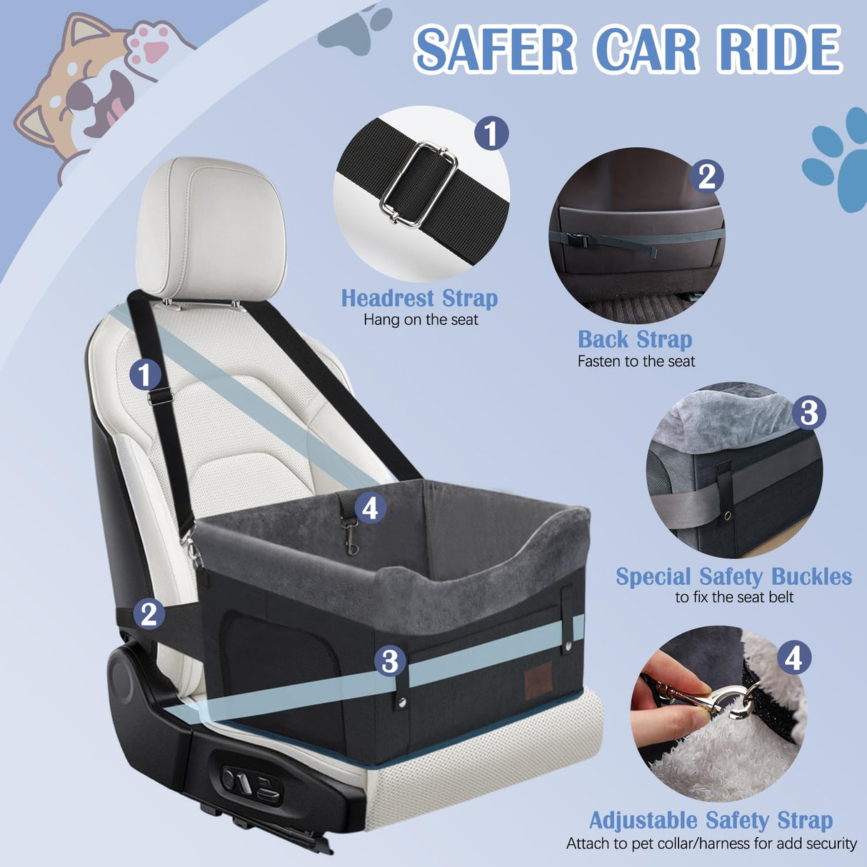PetsHome Dog Car Seat for Small Dogs, Detachable Washable Dog Booster Car Seat with Storage Pocket, Breathable Mesh, Safety Leash, 2 Count Adjustable Straps for Small Pets Up to 25lbs-Black