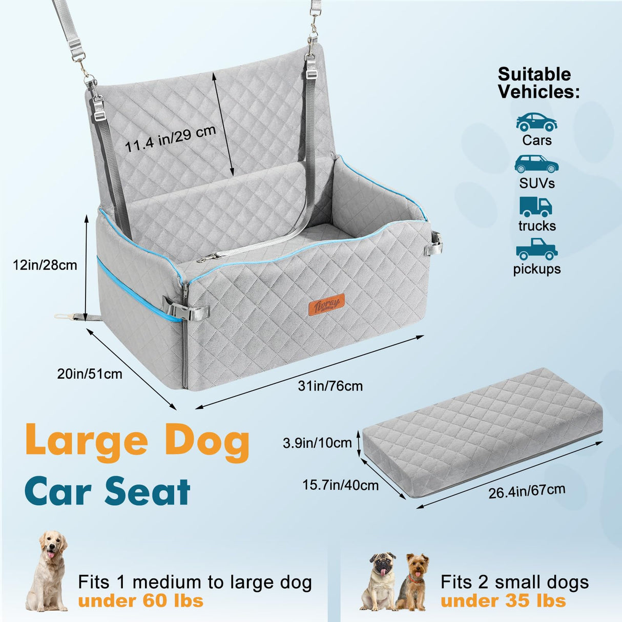 Large Dog Car Seat, Dogs Car Bed for Large Dogs Under 60 lbs or 2 Small Breeds, Comfortable Dog Booster Carseat with Memory Foam Thick Cushion, Detachable & Washable Pet Bed for Backseat, Grey
