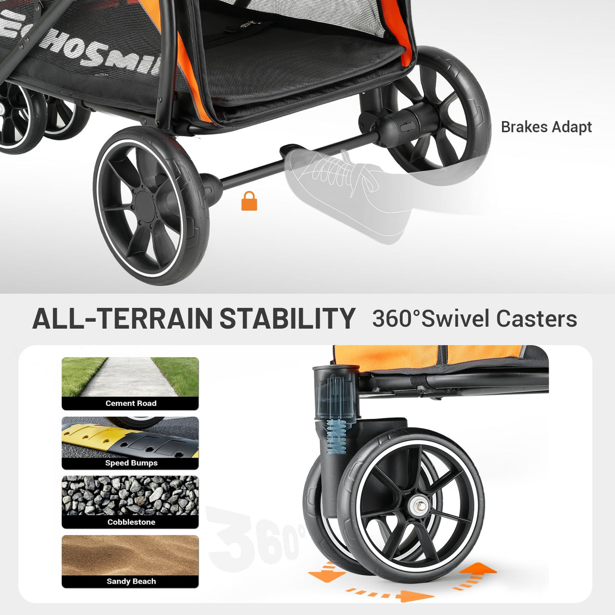 EchoSmile Dog Stroller for Medium & Small Dogs, Foldable Pet Stroller with 3 Wheels & Brakes, All-Terrain Cat Dog Carrier with Breathable Mesh, Safety Leash and Storage Pocket, Black