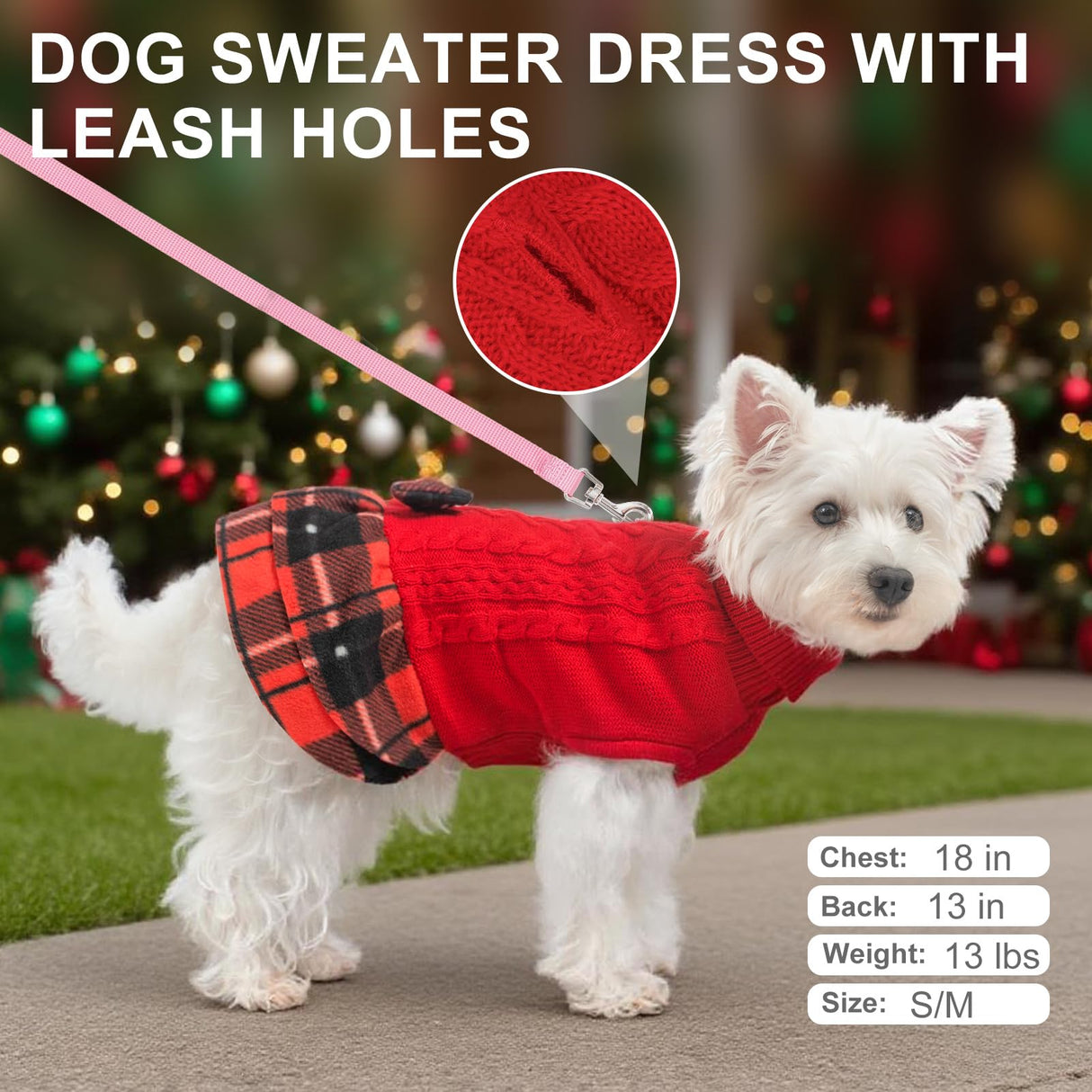 BEAUTYZOO Girl Dog Sweater Dress, Cable Knit Dog Sweater for Small Dogs Girl - Turtleneck Pullover Sweaters with Plaid Skirt & Bowtie, Warm Dogs Knitted Dress for Cold Weather Winter Christmas, Red