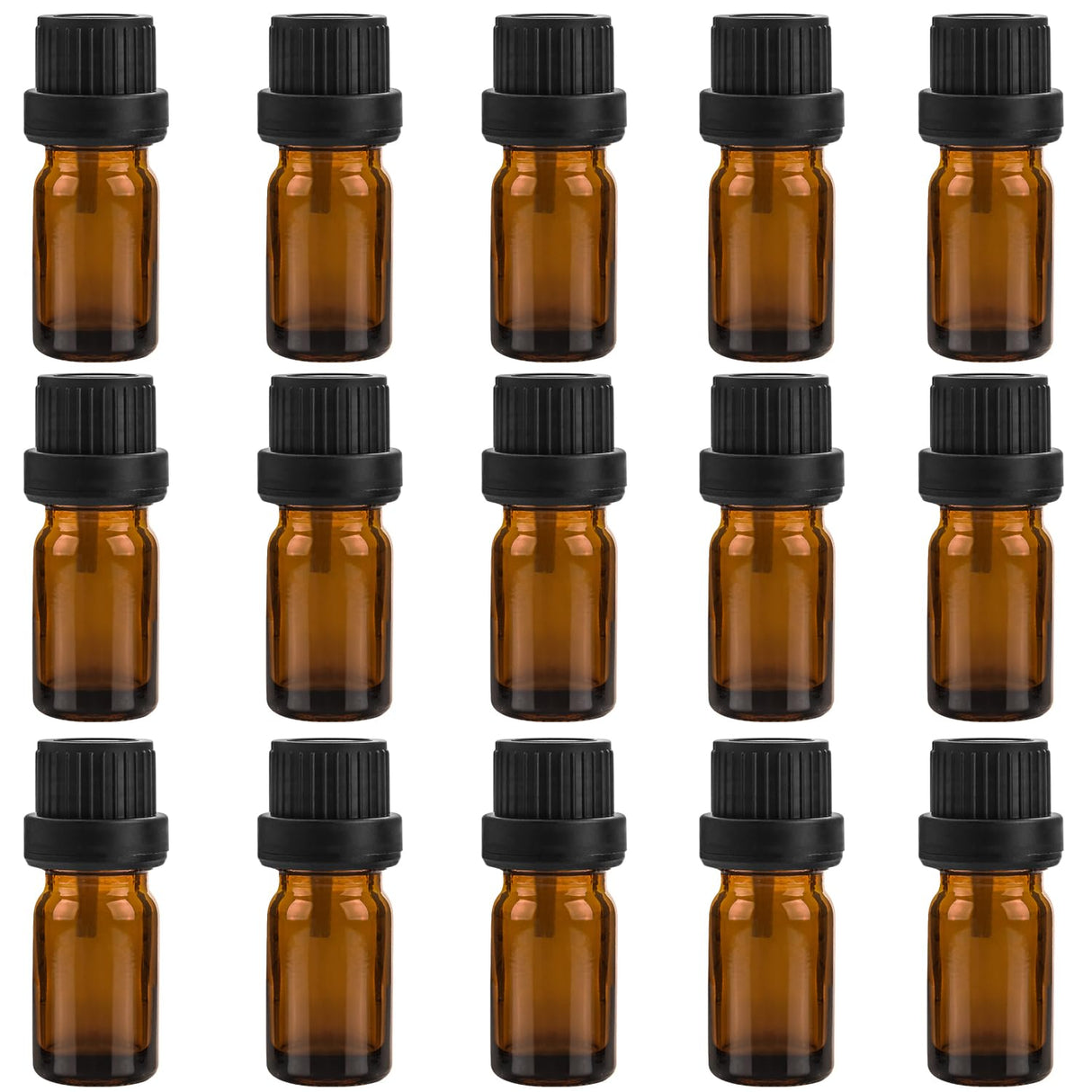 BOSMIOW 15Pcs 5ml Amber Glass Essential Oil Bottle with Orifice Reducer and Black Screw Cap,Empty Refillable Travel Sample Glass Container,Aromatherapy Storage Vials,DIY Supplies Tool Accessories