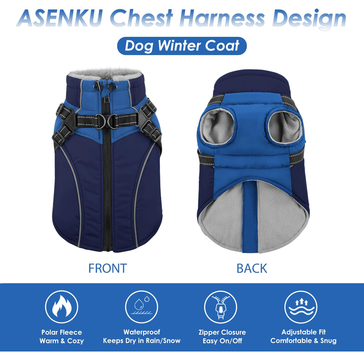 ASENKU Reflective Dog Coat with Built-in Harness, Windproof Fleece-Lined Dog Jacket for Small, Medium, Large Dogs, Warm Winter Vest with Turtleneck & Zipper (Navyblue M)