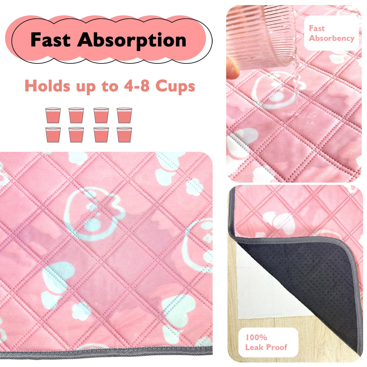 Mooydee 2 Pack Guinea Pig Bedding - Washable Guinea Pig Liner for Midwest Cage, Waterproof Reusable & Anti Slip Pee Pads Super Absorbent Mats for Small Animals Rabbit Hamster Rat (Pink, 48 x 24 Inch)