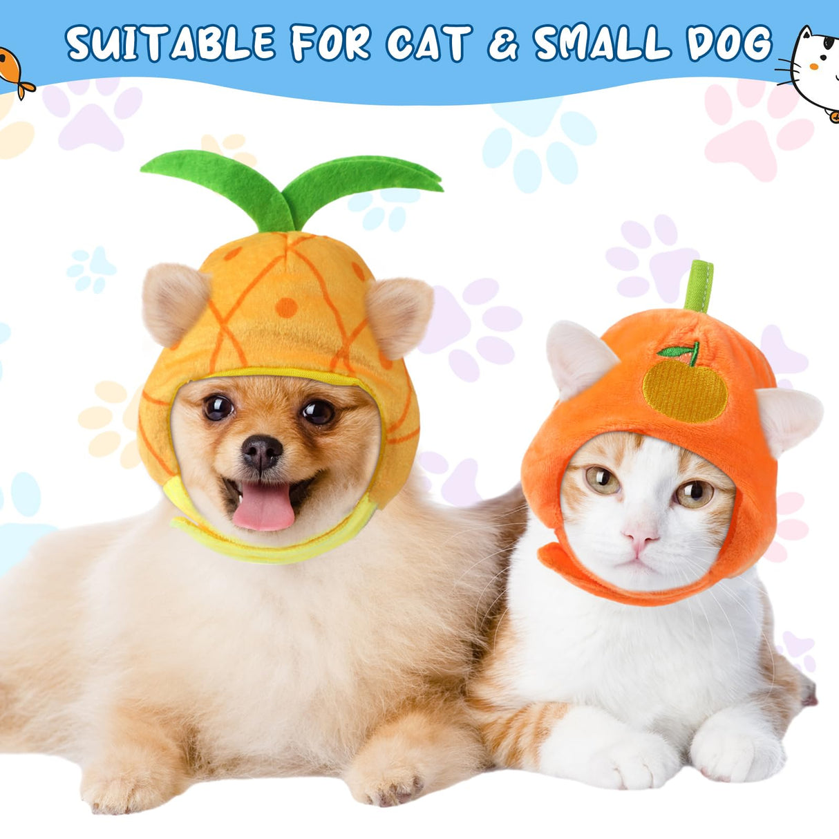 Weewooday 5 Pcs Cat Adorable Costume Bunny Hat with Ears Funny Mane Cat Hat for Pets and Small Dogs Kitten Puppy Party Costume Accessory Headwear(Avocado, Orange, Strawberry, Pineapple, Frog)