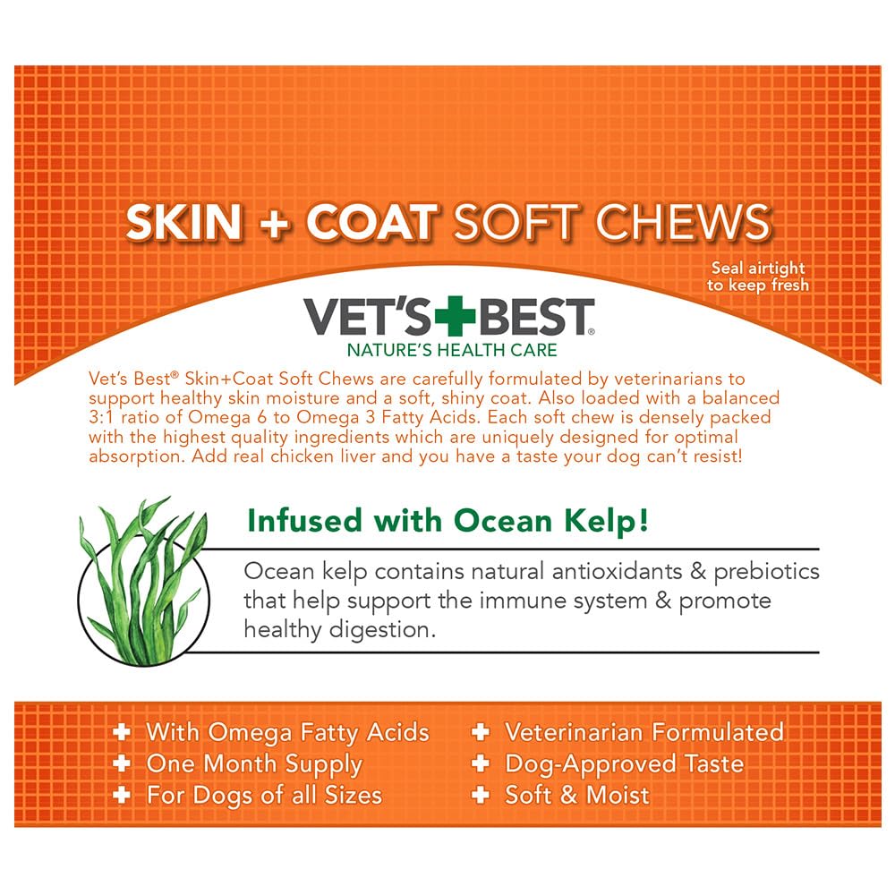 Vet's Best Skin & Coat Dog Supplements - Formulated with Vitamin E and Biotin to Maintain Dogs Healthy Skin and Coat - 50 Chewable Tablets