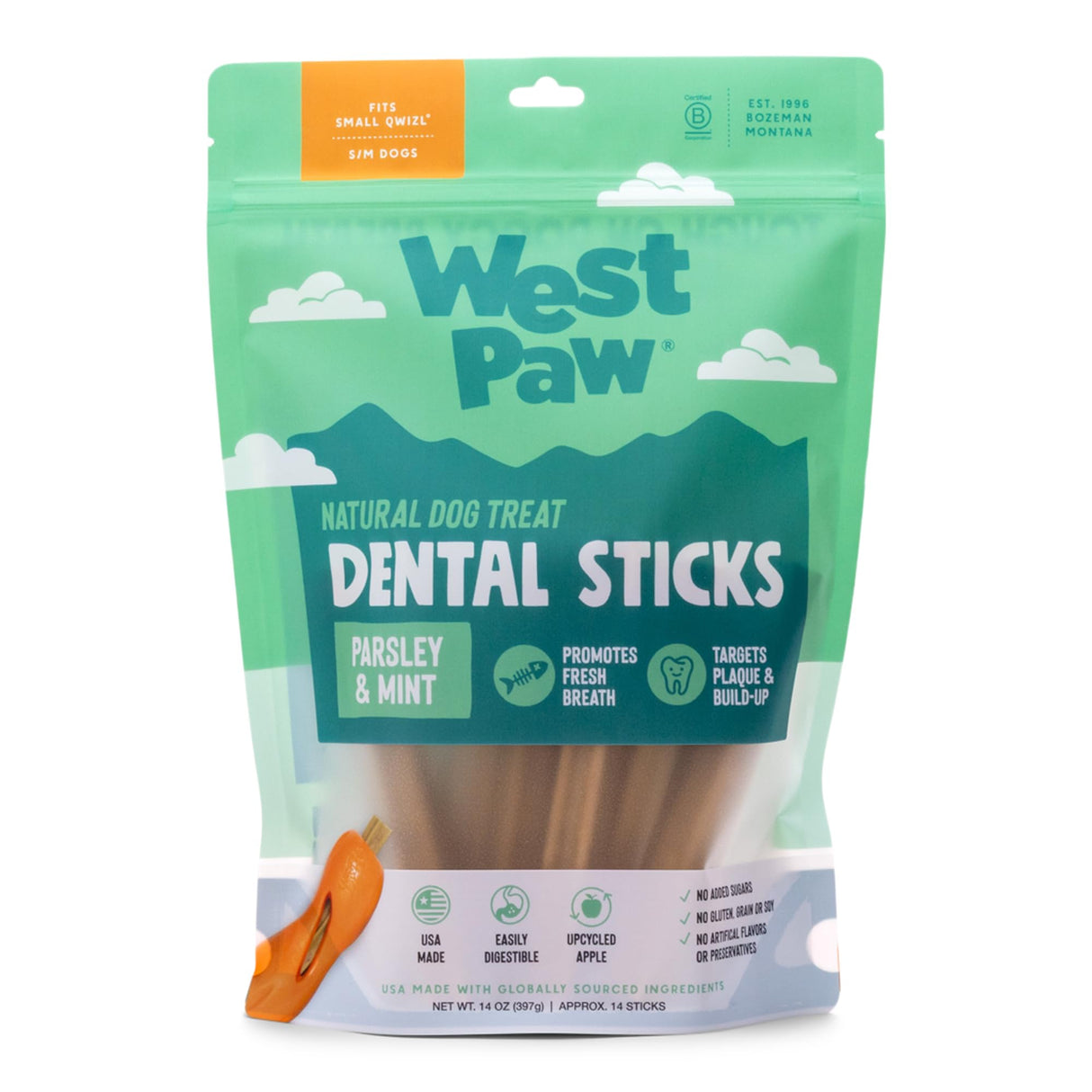 WEST PAW Dental Sticks Durable Dog Chew for Interactive Play, Clean Teeth and Fresh Breath - Safe Reliable and Long Lasting - 14 oz Bag for Small Dogs