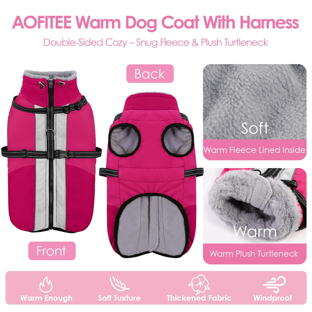 AOFITEE Dog Coats for Large Dogs, Waterproof Dog Winter Jacket with Harness Built in, Warm Large Dogs Coat with Fleece Lined, Zip Up Pets Jackets for Golden Retriever, Weimaraner, Hot Pink 2XL