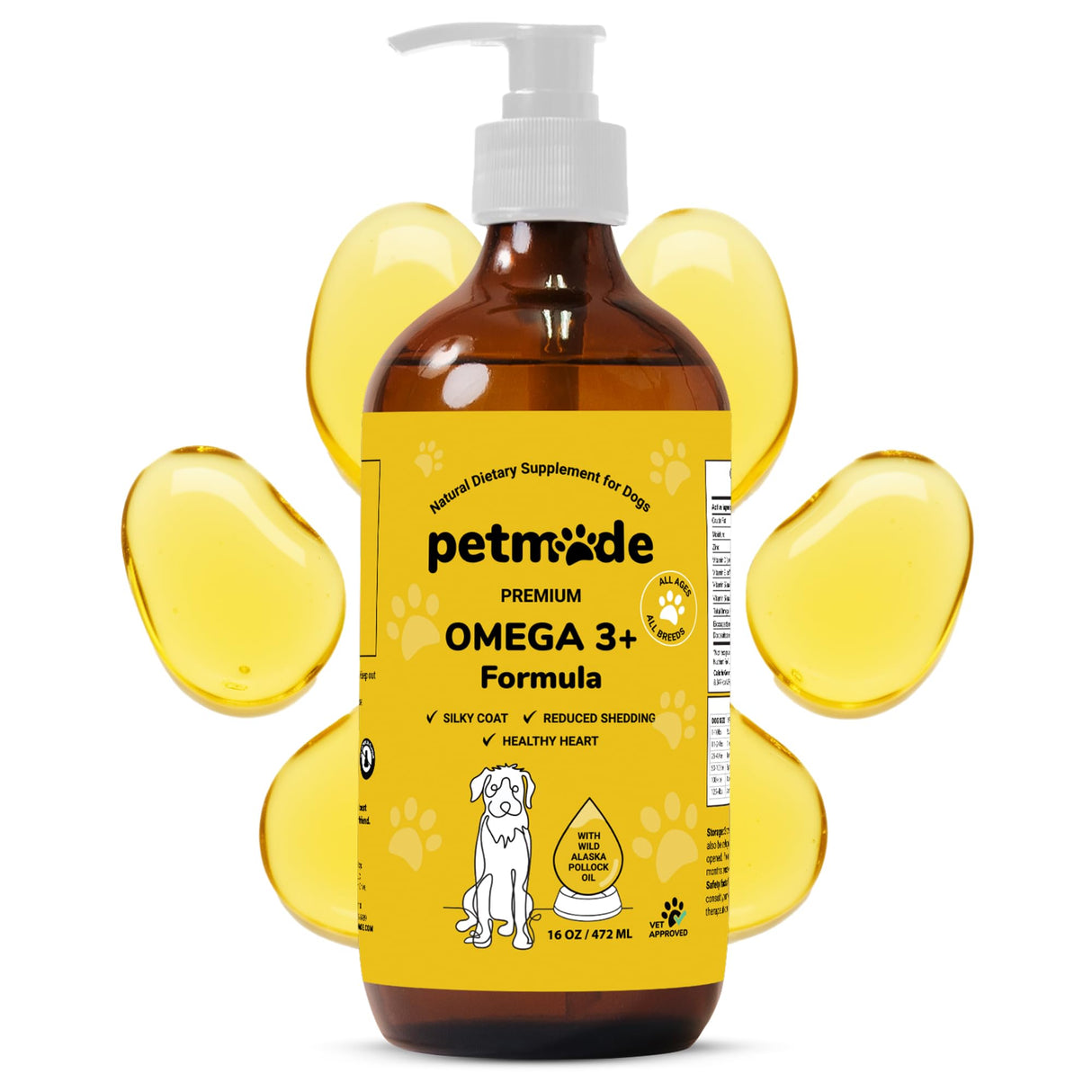 PetMade Omega 3 Fish Oil for Dogs Skin and Coat - Wild Alaskan Pollock Oil for Itchy Skin- Omega 3 Fatty Acids for Dogs - Liquid EPA & DHA Supplements - with Zinc, Vitamin C, B2, B7 & E - 16 Fl Oz