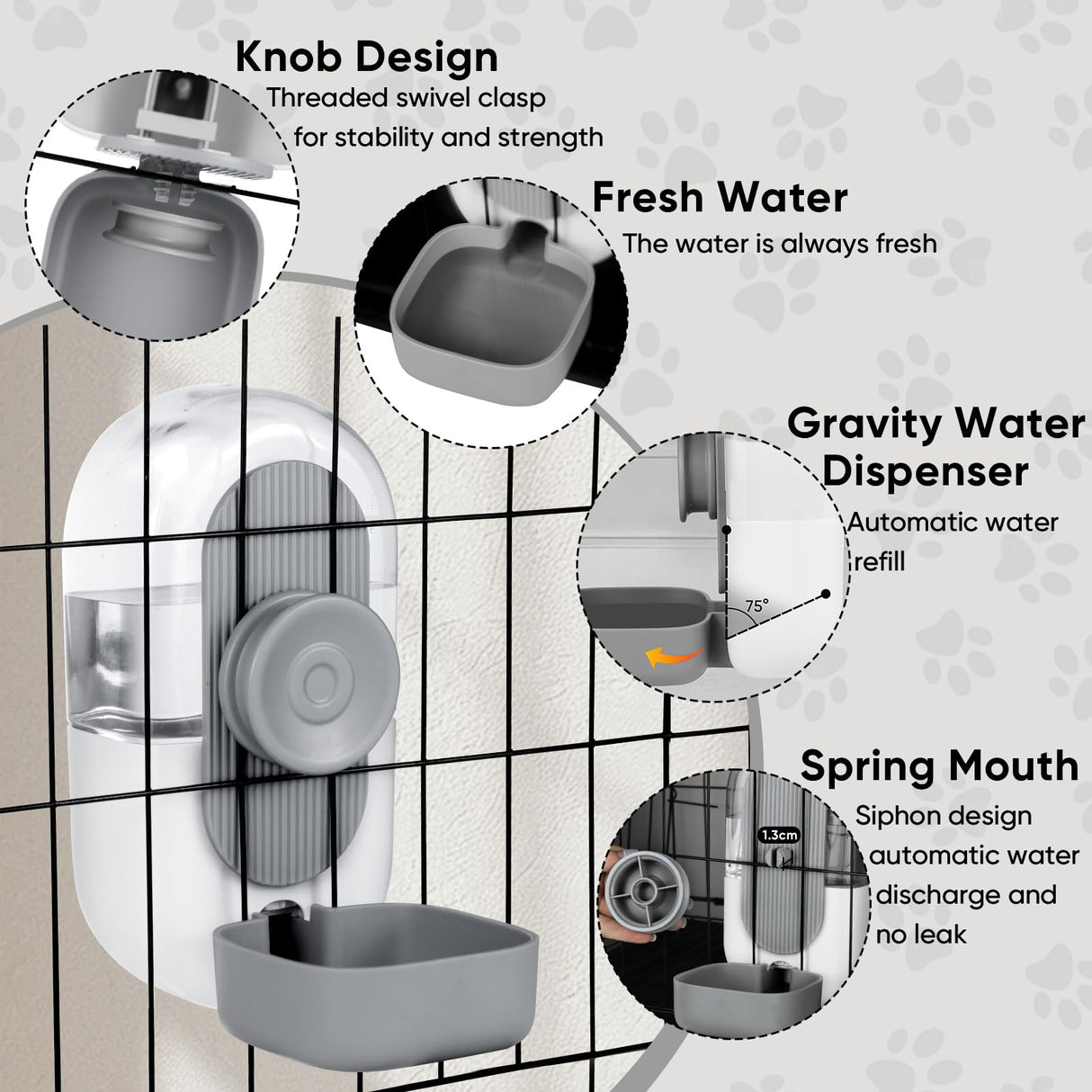 Lemtrflo 28oz Hanging Automatic Water Dispenser,Rabbit Water Bottle,Bunny Guinea Pig Ferret Water Bowl for Cage,Suitable for Small Animal Puppies(Cage Grid Spacing Over 1.2'') (Gray)