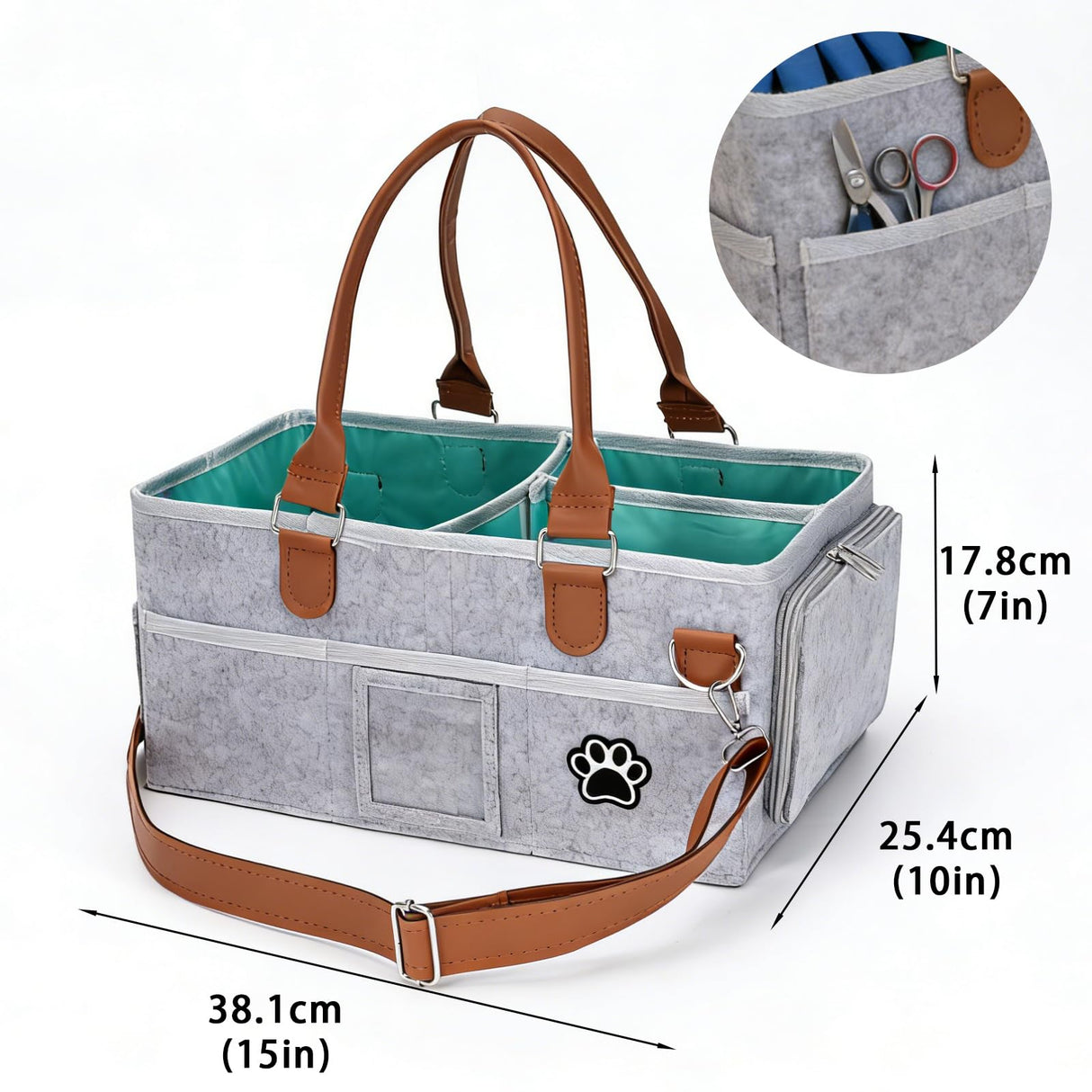 Brabtod Felt Dog Grooming Bag, Pet Portable Tote Bag with Handle, Dogs Storage Organizer, 3 Compartments Caddy with 8 Pockets, Ideal for Dog Cat Grooming Tool Kit/Diaper/Blanket/Pads-Gray