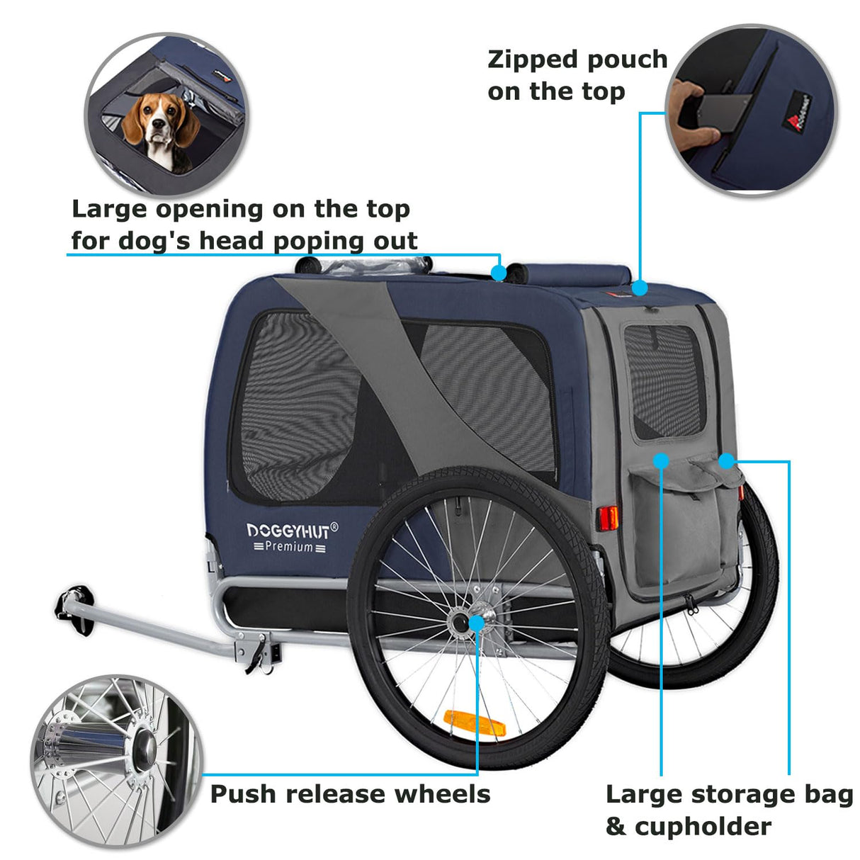 DOGGYHUT® Premium Large Pet Bike Trailer for Medium or Large Dog, Up to 78 lbs,Dog Bicycle Carrier,Low Center of Gravity,Easy Folding Frame (Blue)