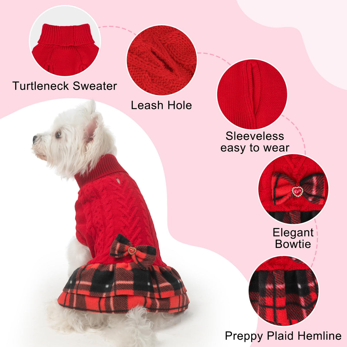 BEAUTYZOO Girl Dog Sweater Dress, Cable Knit Dog Sweater for Small Dogs Girl - Turtleneck Pullover Sweaters with Plaid Skirt & Bowtie, Warm Dogs Knitted Dress for Cold Weather Winter Christmas, Red