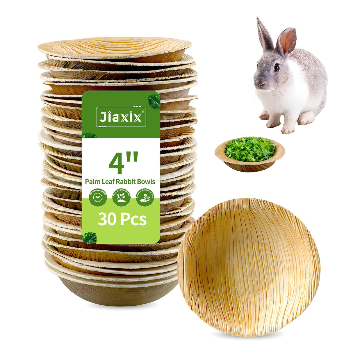 Jiaxix 30 Pcs Disposable Palm Leaf Bowls 4 inch Bowl for Rabbits, Compostable Like Bamboo Bowls Disposable Bowl Bunny Chew Toys Chewable Dish for Rabbits & Bunnies,Small Pets