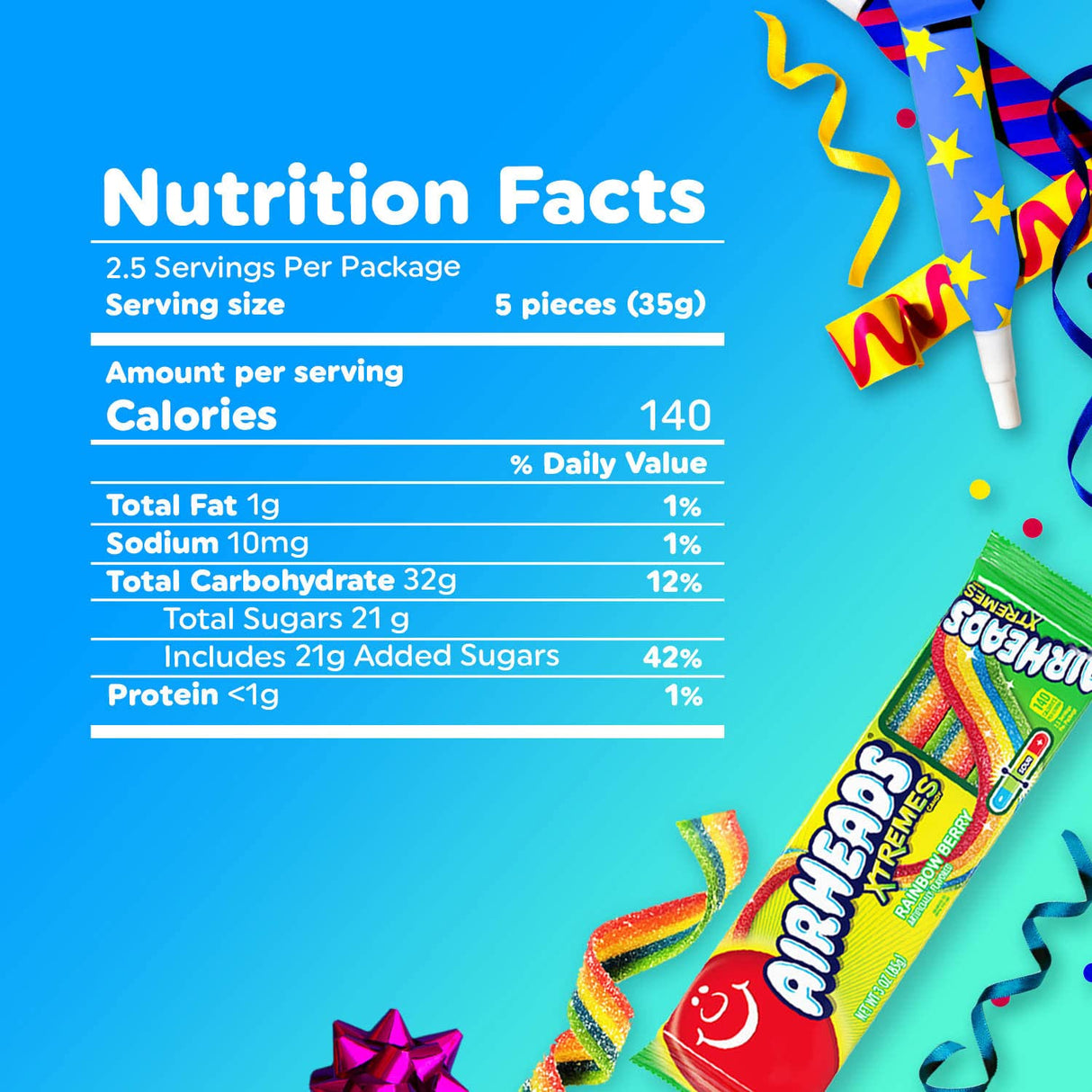AIRHEADS XTREMES SWEETLY SOUR CANDY BELTS, RAINBOW BERRY, NON MELTING, 3 OUNCE
