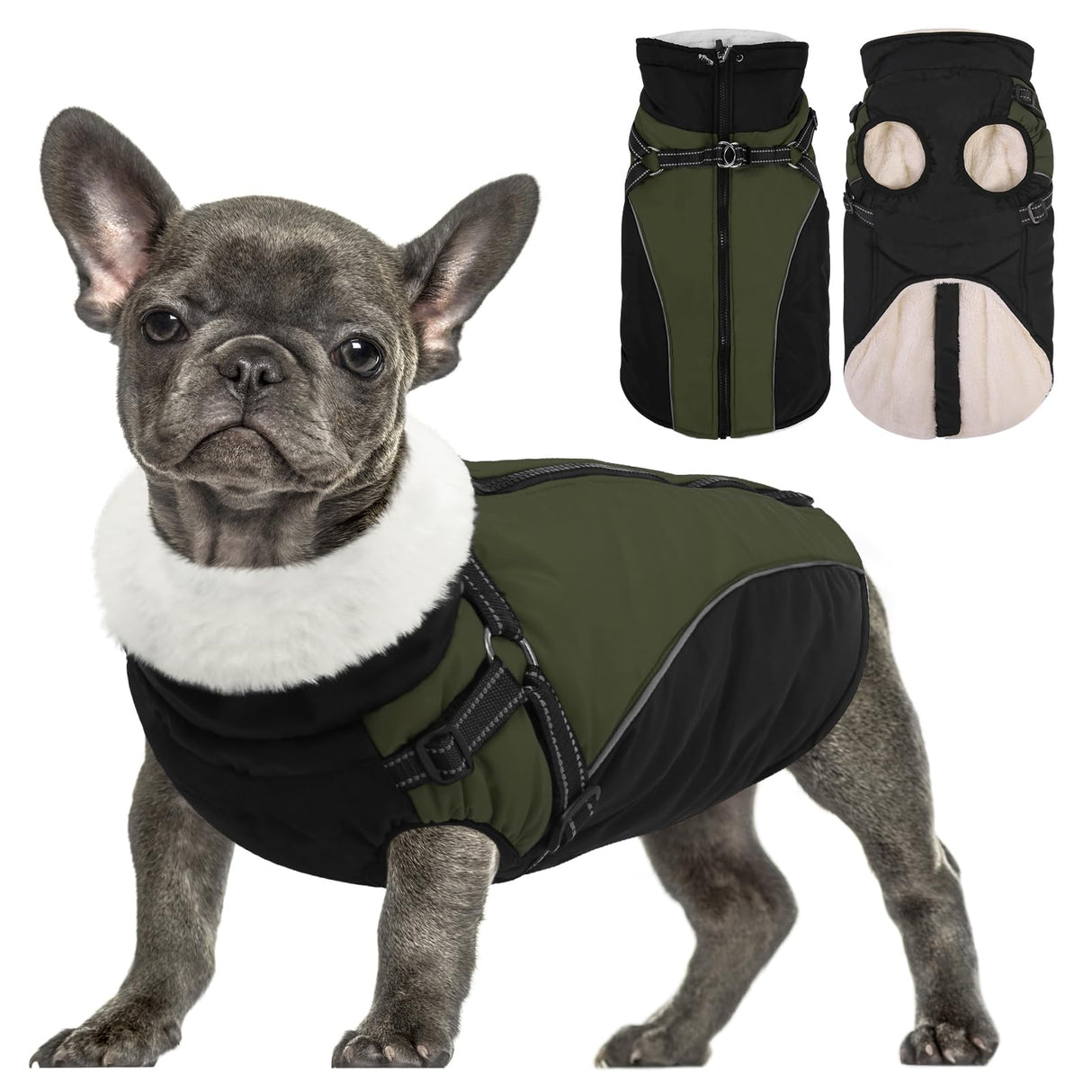 Queenmore Medium Dog Jacket with Harness Built-in, Winter Coat for Medium Dogs, Warm Puffer Jacket, Cold Weather Snowsuit Parka - Waterproof Fleece Lined Reflective Adjustable, Green/Black M