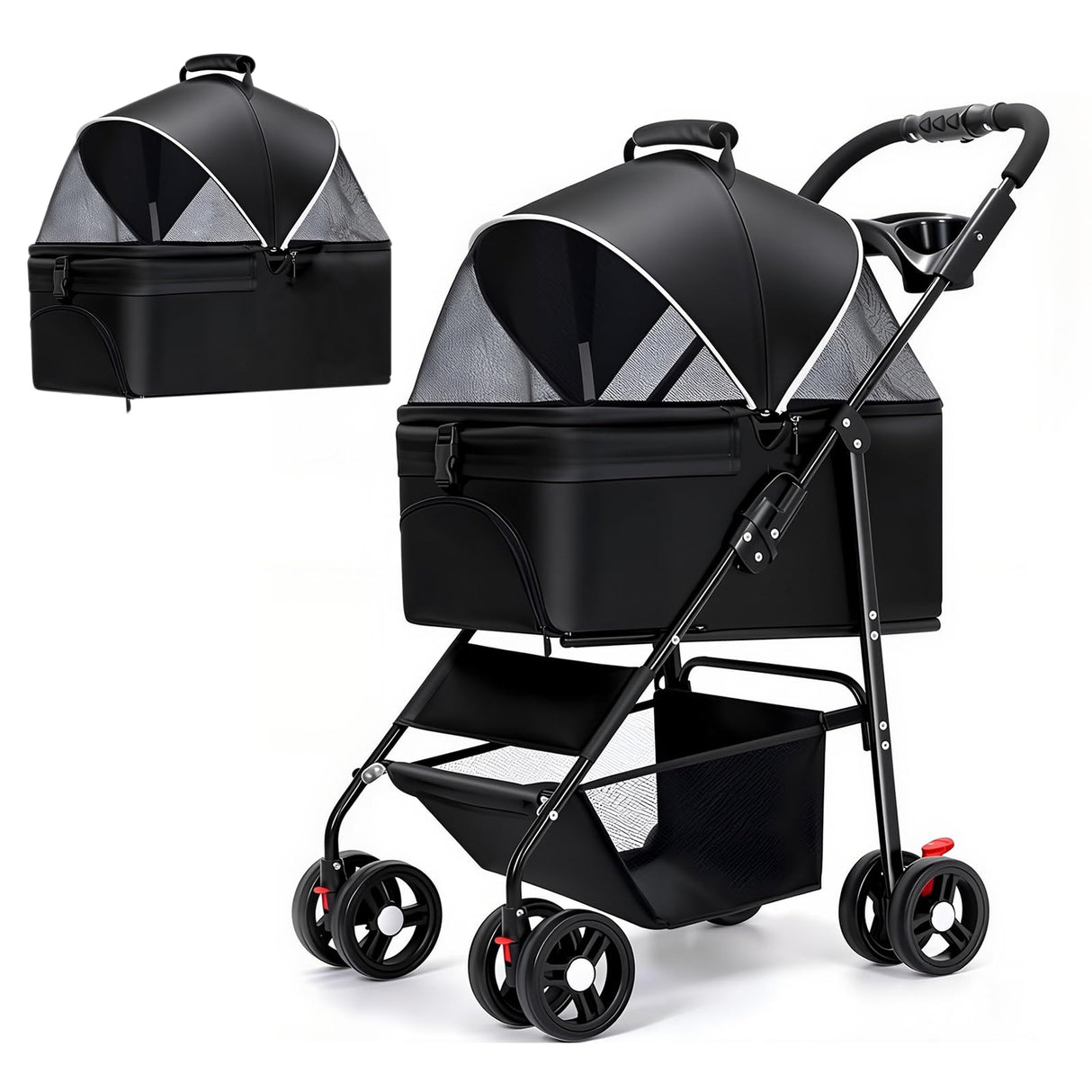 3-in-1 Pet Stroller for Small/Medium Dogs Cats,4 Wheels,Detachable Carrier Basket,Breathable Mesh,Storage Basket,Cup Holder,Weather Cover,Black,44 lbs Capacity