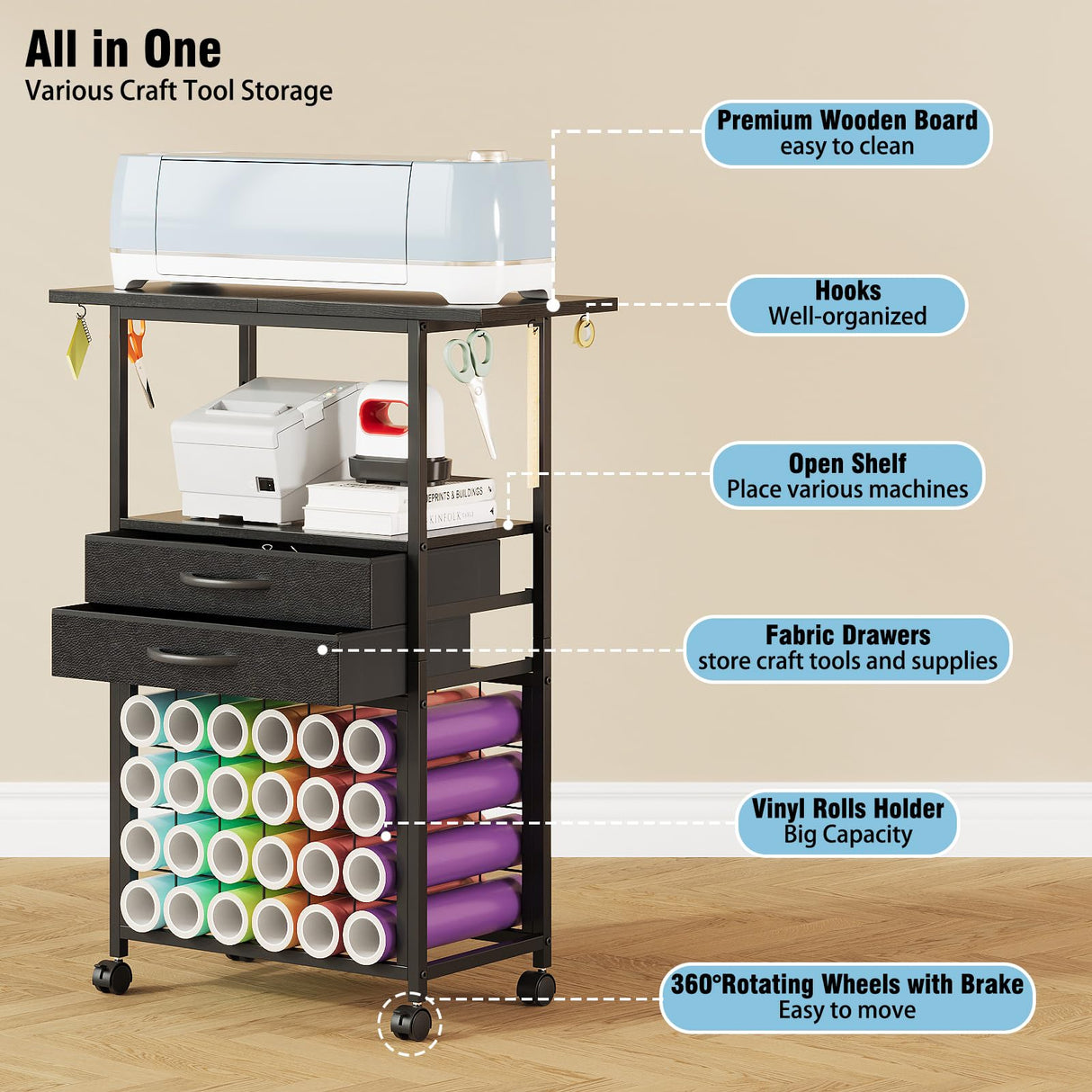 VENNQD Organizer and Storage Stand Compatible with Cricut Machines,Rolling Storage Cart/Shelf with 24 Vinyl Roll Holders,2 Fabric Drawer,Accessories Holder,Tool Hook for Craft Room Home (Black)