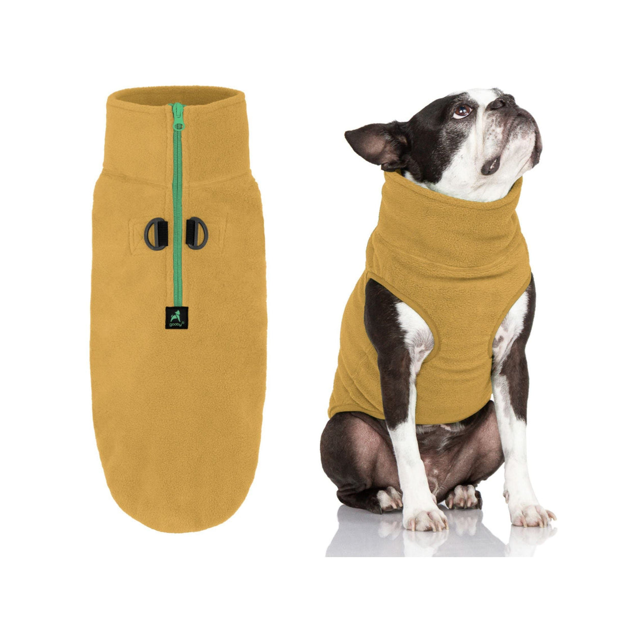 Gooby Half Zip Up Fleece Vest Dog Sweater - Sand, Medium - Soft Warm Pullover Fleece Head-in Dog Jacket with Dual D Ring Leash for Small to Medium Dogs