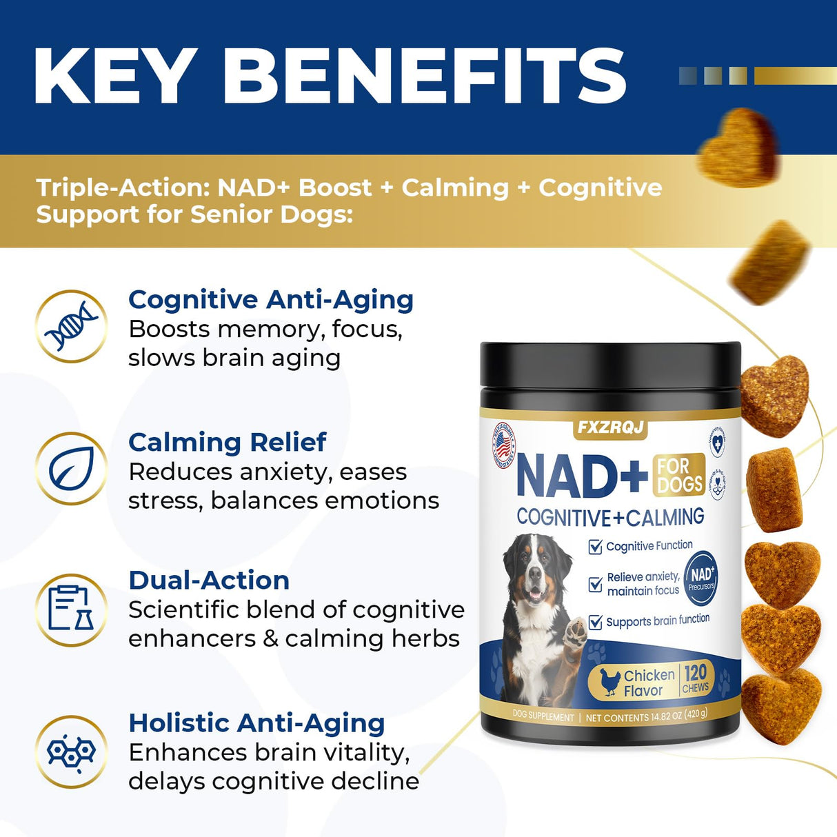 Nicotinamide Adenine Dinucleotide Precursor & Senior Dog Supplement,Dog Cognitive & Calming Chews,Dogs Vitamin Supplement,Supports Dogs Anti-Aging,Cognitive Health & Anxiety Relief,Promotes Relaxation