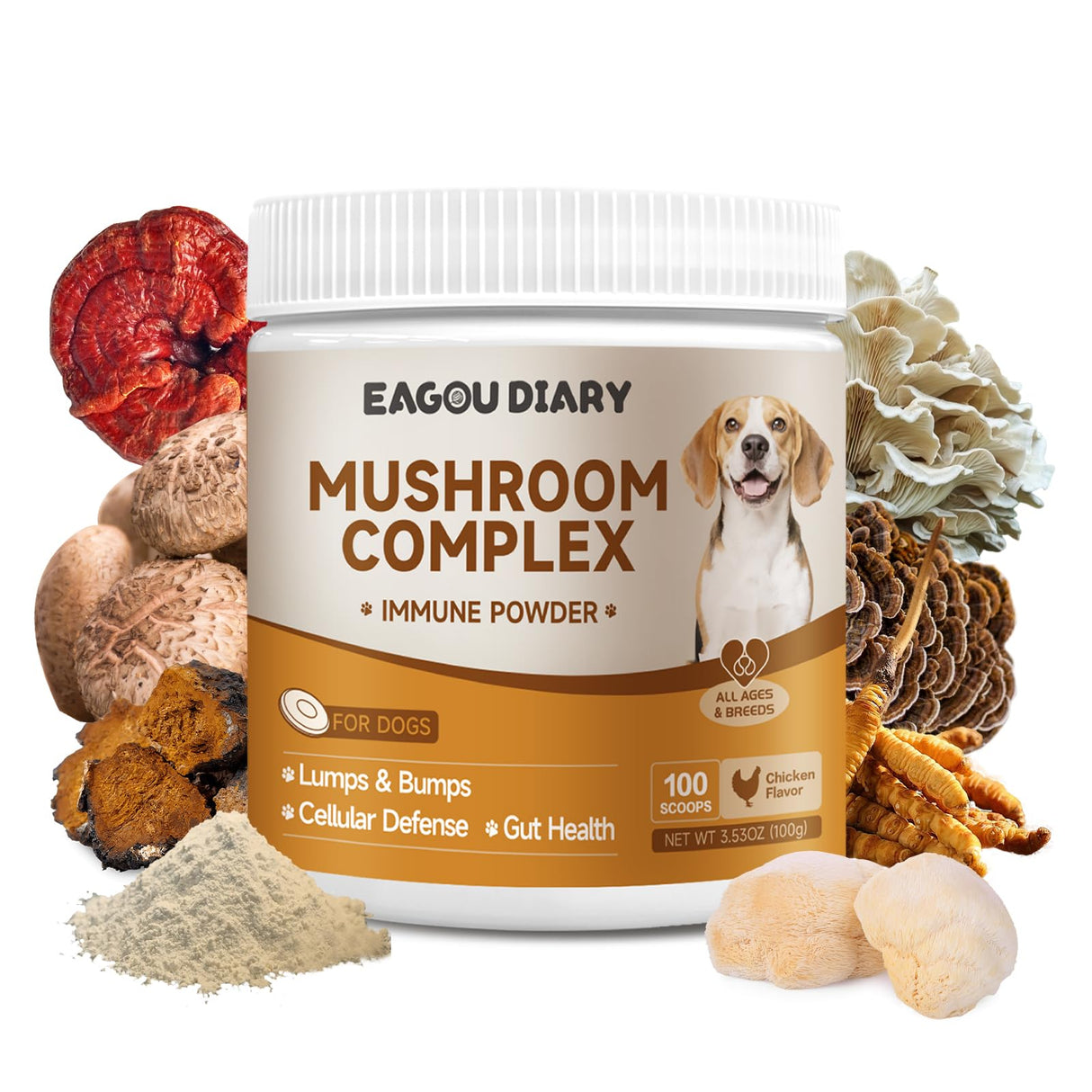Mushroom for Dogs - with Turkey Tail Mushroom for Dogs, Lion’s Mane, Shiitake, 100g Powder, Immune & Digestive Health, Enhances Energy, Lumps & Bumps Supplement, Organic Mushrooms Supplement for Dog