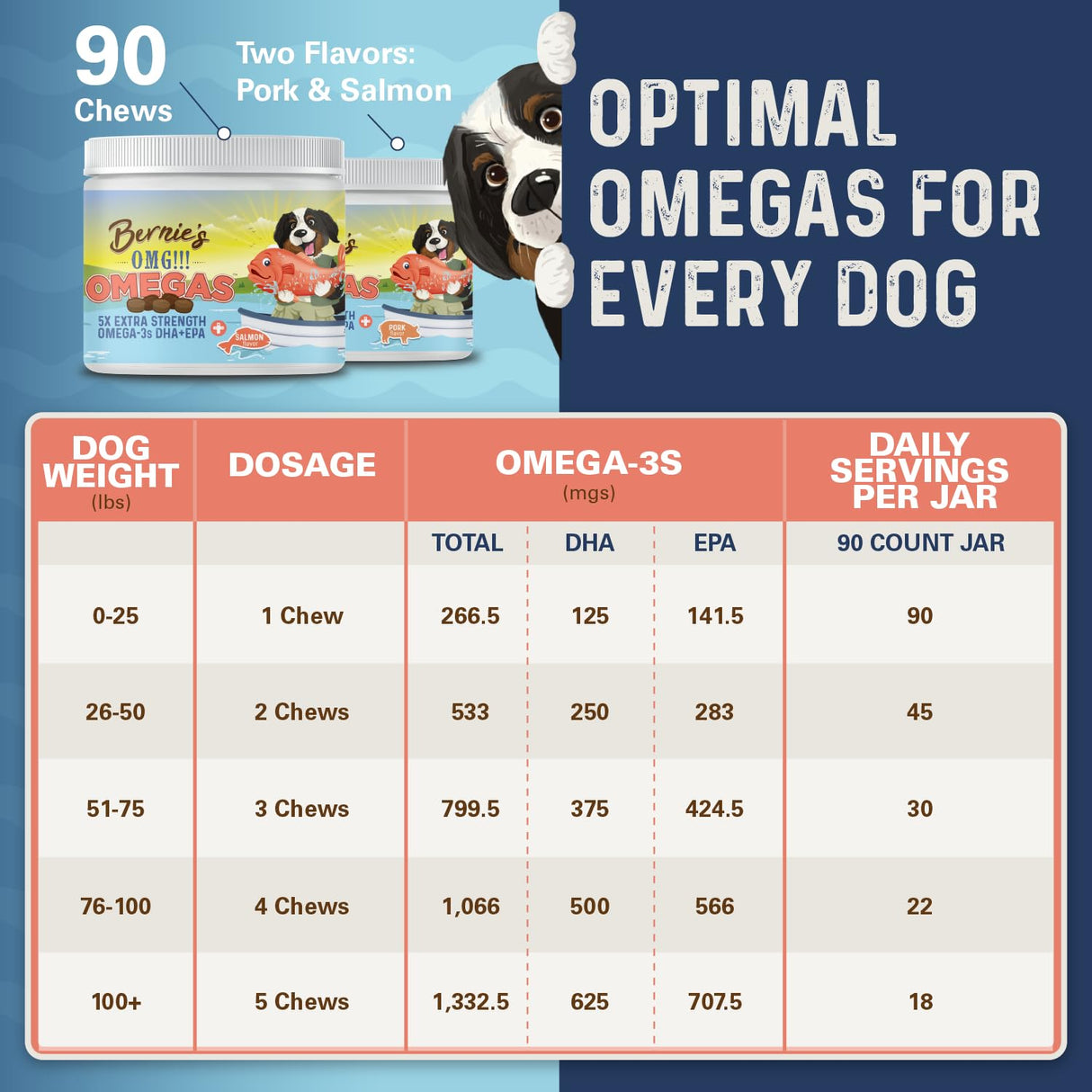 Bernie's OMG! Omegas Chews for Dogs - 5X Extra Strength DHA+EPA, Fish Oil, Healthy Skin & Coat, Allergy Relief, Joint Supplement (Salmon Flavor)