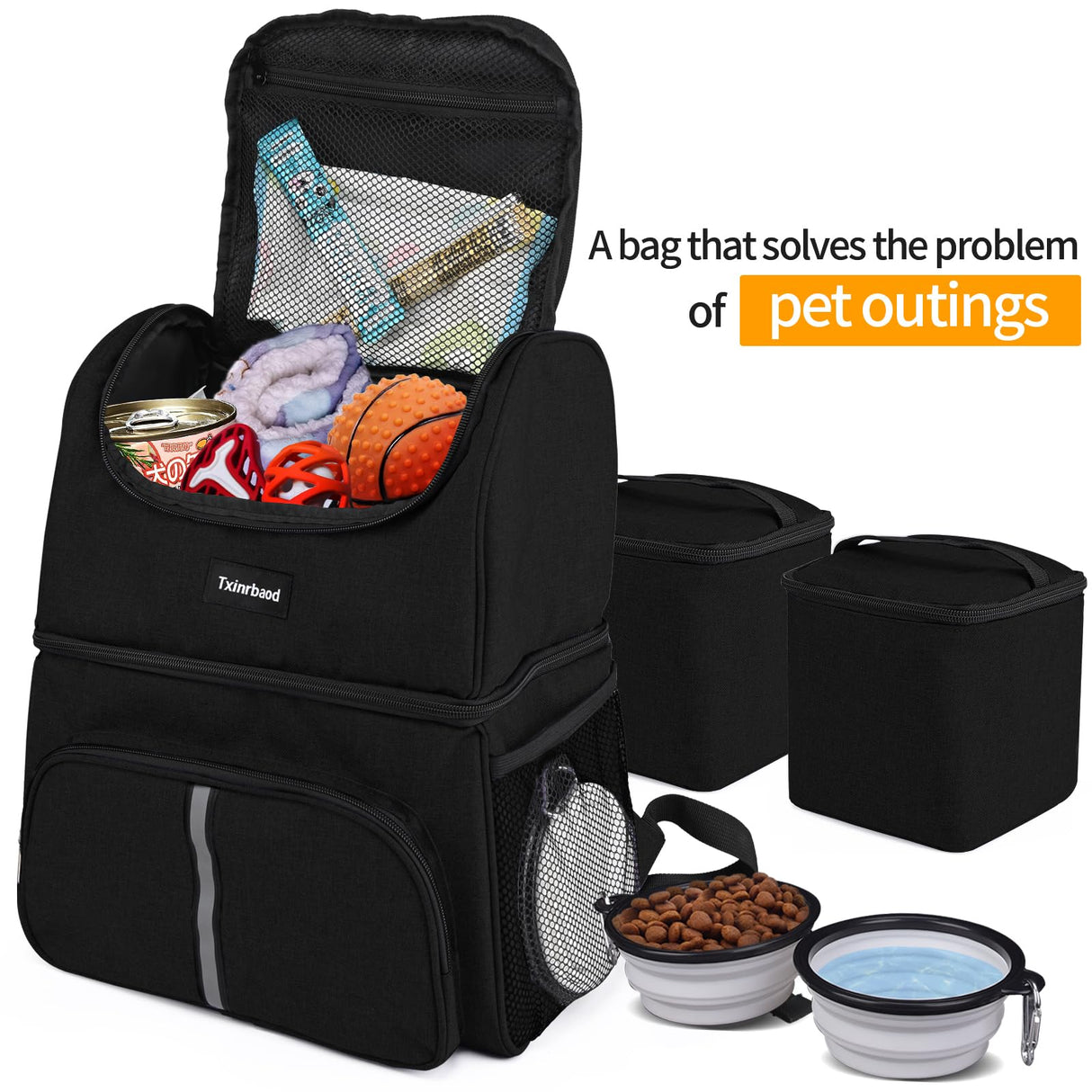 Txinrbaod Dog Travel Bag for Supplies with Food Container Bag Dog Travel Backpack for Hiking Overnight Camping Trip Black