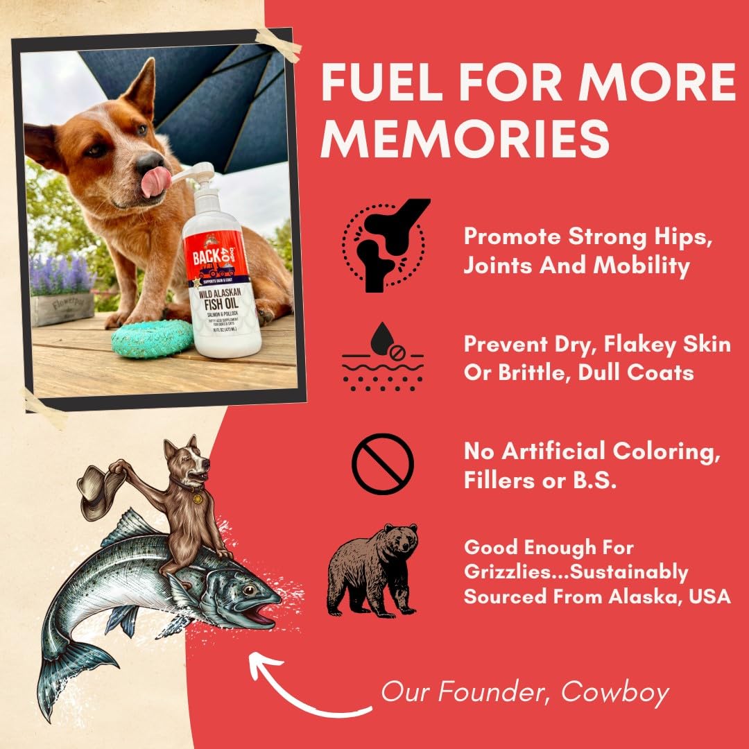 BACK 40 Dogs Wild Alaskan Fish Oil for Dogs, Skin and Coat Supplement for Dogs & Cats, Omega-3-Rich Salmon and Pollock Oil, EPA & DHA Dog Salmon Oil for Brain, Heart, and Joints 16 fl oz (473 ml)
