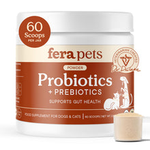 Load image into Gallery viewer, Fera Pets Probiotics for Dogs & Cats with Prebiotics - USDA Organic - Gut Health Powder Supplement with 12 Strains and 5 Billion CFUs - Supports Immunity, Energy and Skin & Coat - 60 Scoops