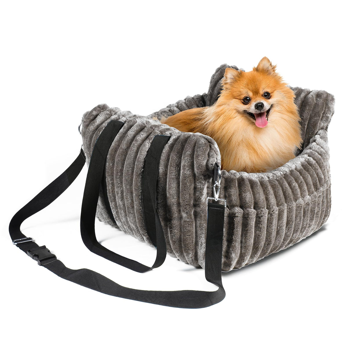 HOMLOVE Dog Car Booster Seat, for Small Dogs Under 30 lbs, Detachable Washable Travel Bed with Storage Pockets and Safety Belt (Coffee, Medium)