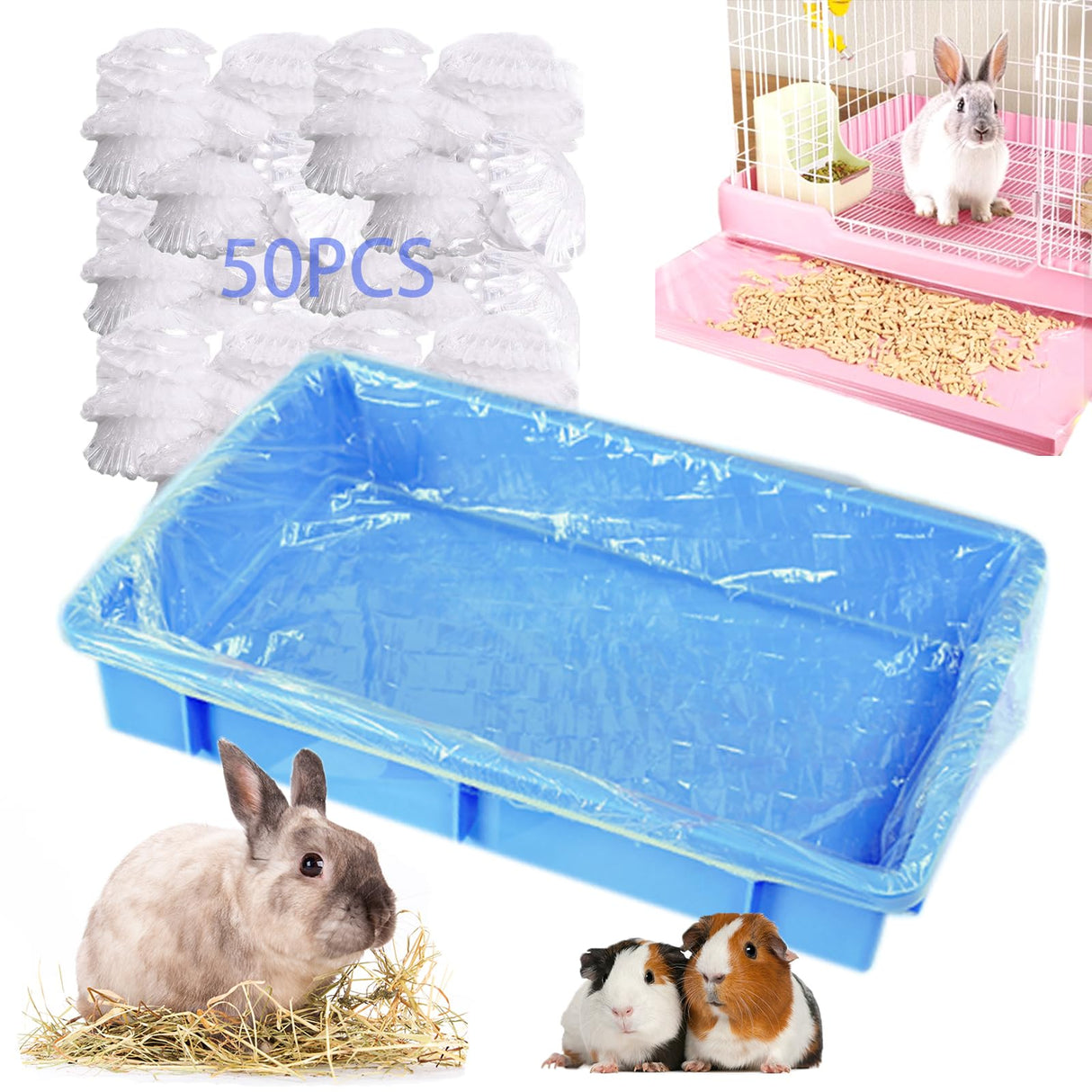 Niwaes 50Pcs Large Rabbit Cage Liner Disposable Bunny Cage Liner Bag 34'' X 22''- Clear Elastic Pet Toilet Film Small Animal Tray Covers for Bunnies Ferrets Chinchillas Birds - Leak Proof & No Mess