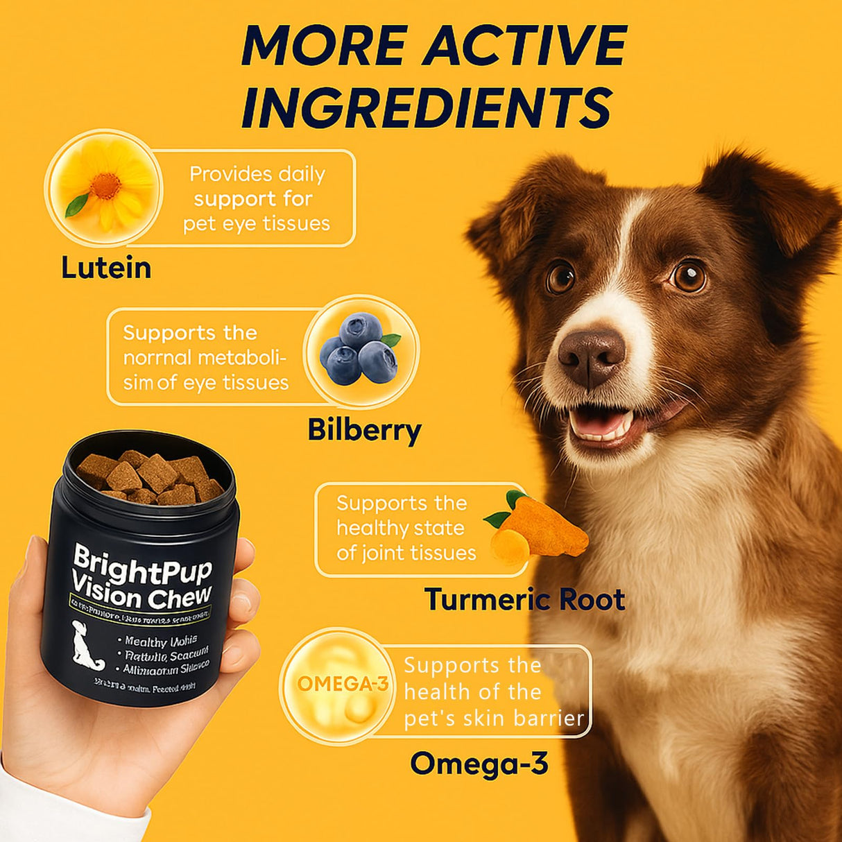 BrightPup Dog Vision Chews, Dog Vision Supplement with Lutein, Vitamin A/C/E, Bilberry & Omega-3, Supports Eyes Health & Visions Clarity, Bacon Flavor Eye Supplements for Dogs, 30 Soft Chews (1)