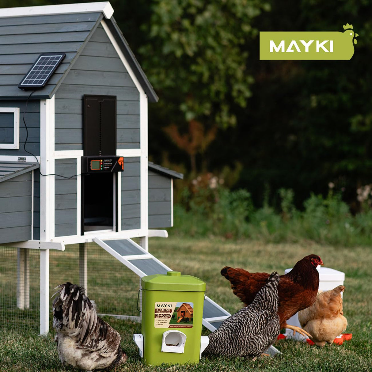 MAYKI Chicken Feeder and Waterer Set, 3 Gallon/26 LB No Waste Poultry Feeding System with Hanging Option, Automatic Coop Accessories for 10 Hens, Upgraded Feeder Port Water Cup, BPA-Free Winter Design
