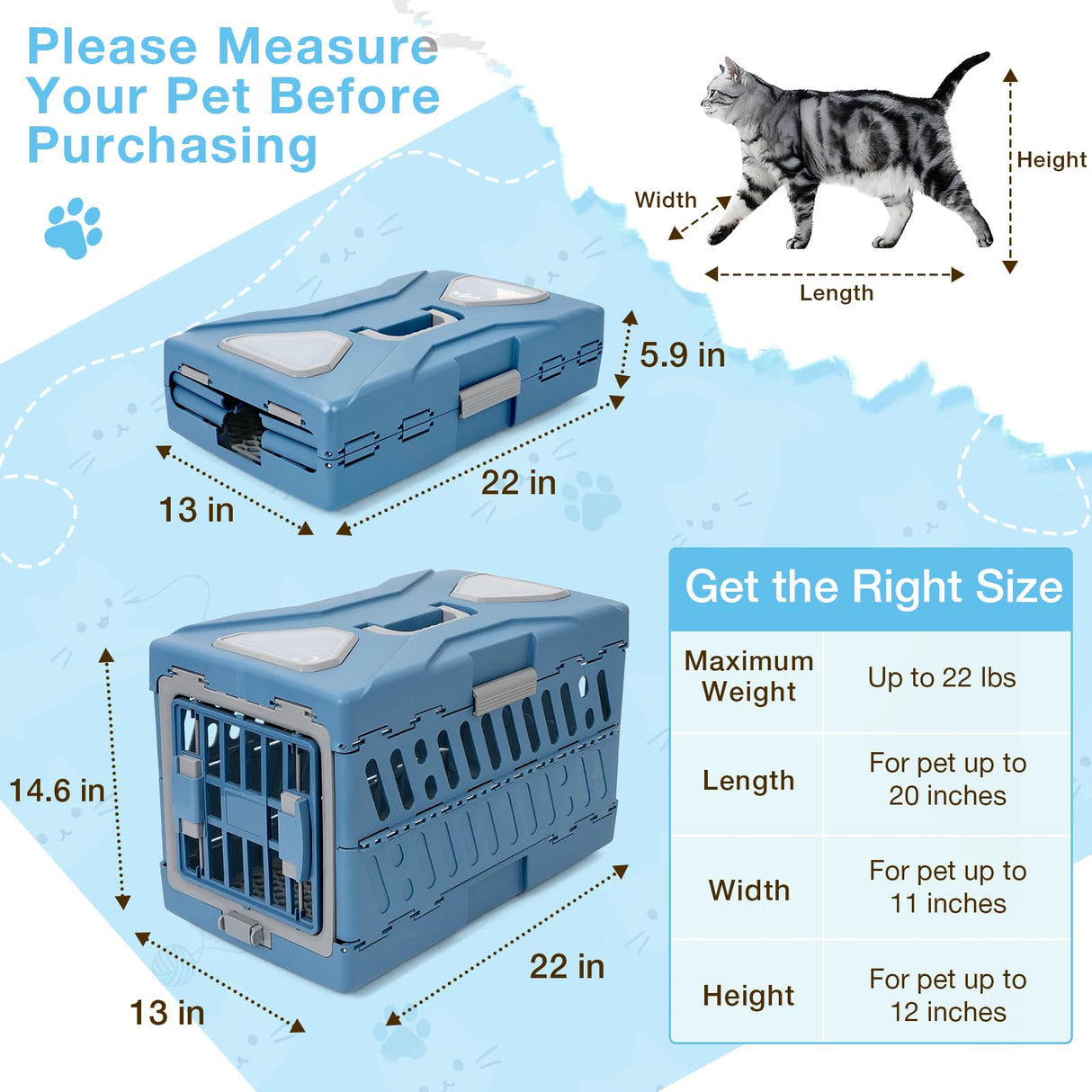 Pet Carrier for Cats & Small Dogs, Foldable & Durable Hard Cat Carrier Plastic, 2-Door 360° Ventilation Clear Top Pet Travel Kennel Crate for Longer Traveling Upto 22Lbs (22.0" L x 13.0" W x 14.6" H)