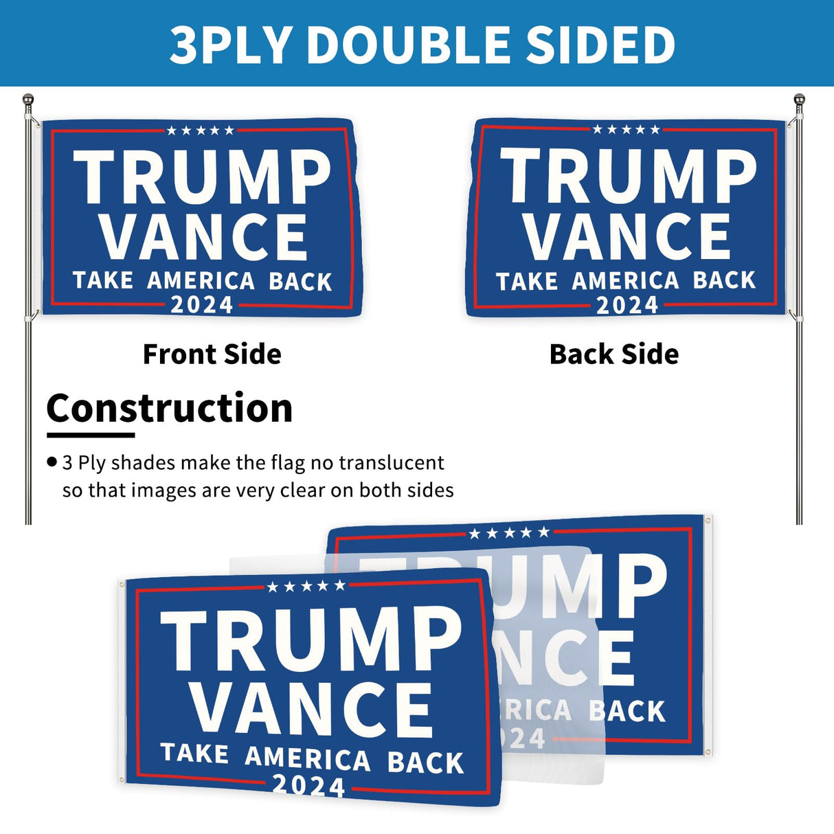 Probsin Trump Vance 2024 Flag 3x5 Ft Double Sided Trump Vance 2024 Take America Back MAGA Flag Party Supplies Yard Signs Hanging Poster for College Room Man Cave Welcome Photo Backdrop (Blue)