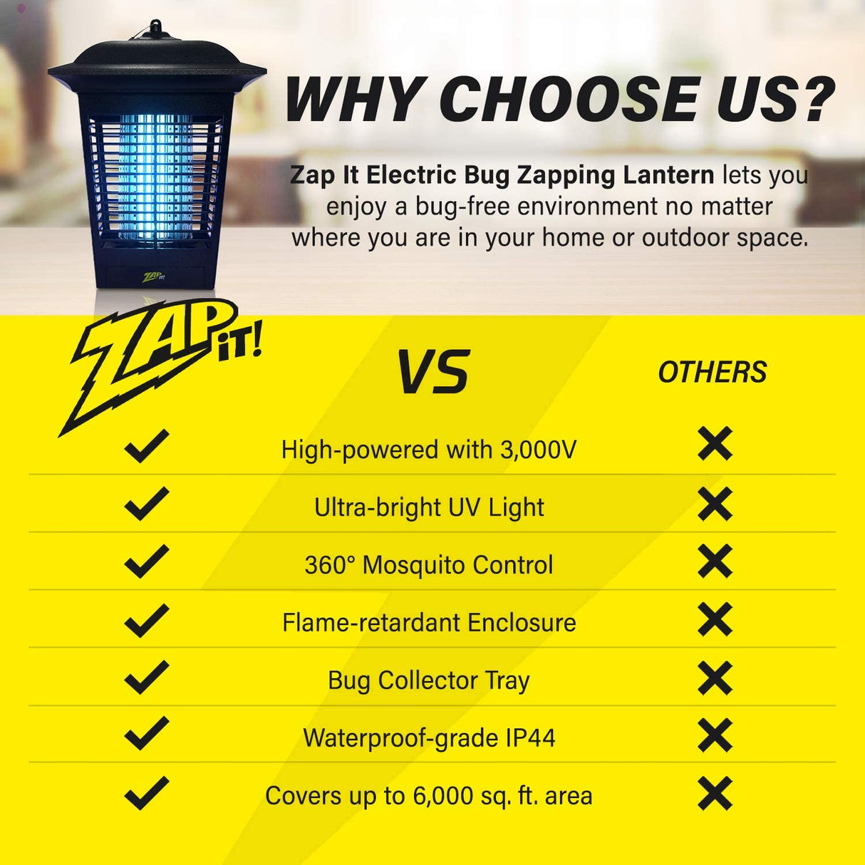 ZAP IT! Electric Bug Zapper Lantern - Indoor and Outdoor Plug-in 360 Degree Mosquito Control, Insect and Fly Killers | UV Light and Electric Shock Mosquito Killer Lamp | Includes Bug Collector