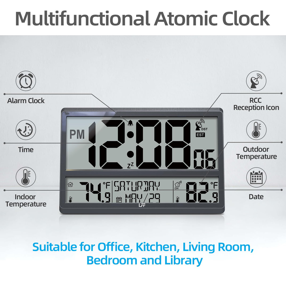 LFF Atomic Clock, Never Needs Setting, Battery Operated, Atomic Wall Clock with Indoor/Outdoor Temperature, Wireless Outdoor Sensor, Large Display Digital Calendar Clock for Elderly