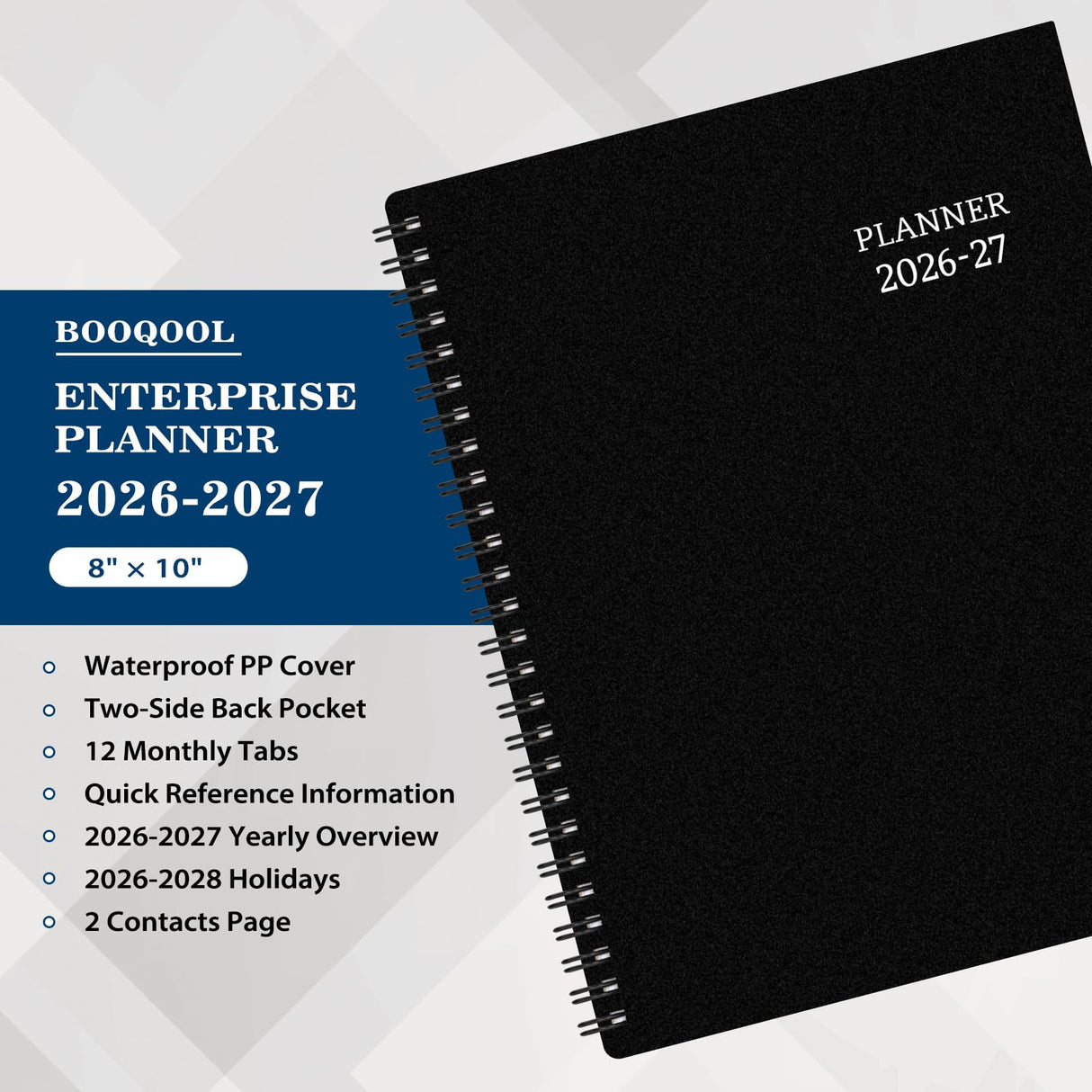 BooQool Planner 2026-2027 for Office, School, Home - Spiral Bound Academic Monthly Weekly Calendar July 2026 - June 2027 Organizer with To Do List, Tabs & PP Cover 8" x 10"