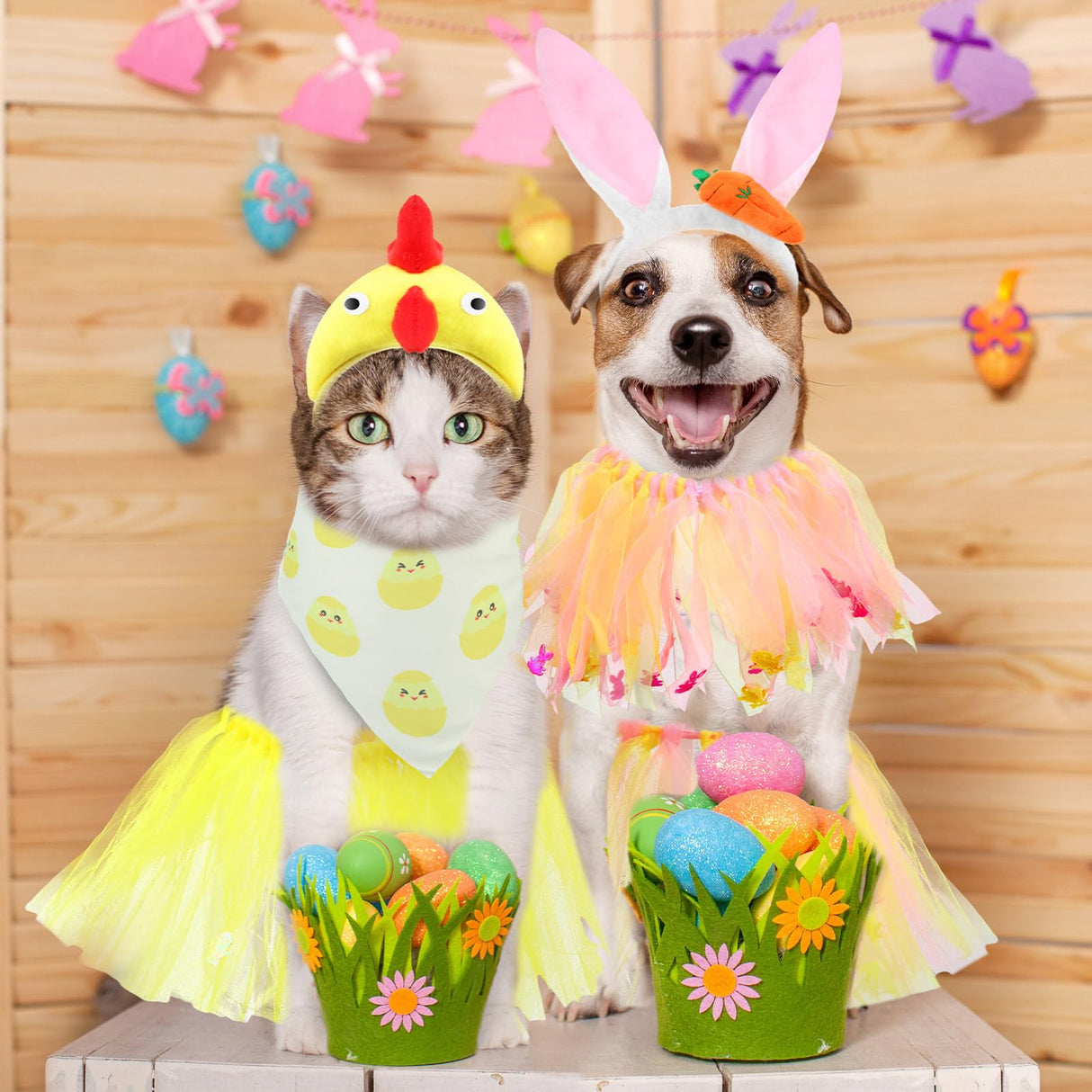 Huhumy 6 Pcs Adjustable Dog Easter Costumes Include Bunny Ears and Chick Headband Dog Bandana Easter Collar Tulle Tutu for Small Medium Pet Birthday Holiday Party Accessories