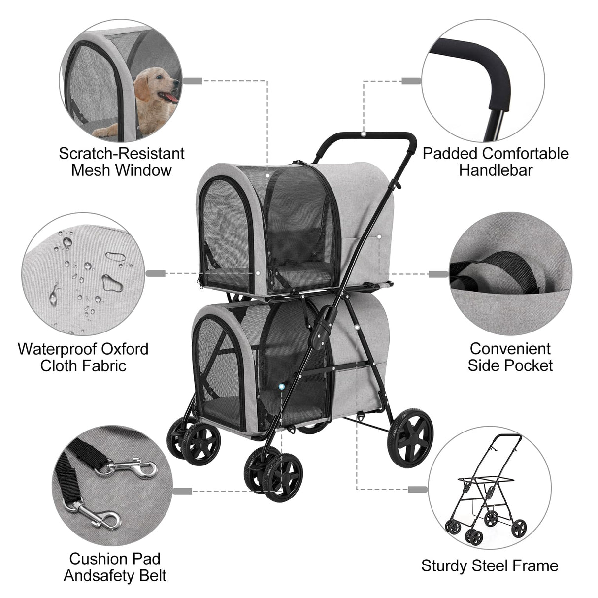 LPOTIUS Double Pet Stroller for Dogs and Cats with 2 Detachable Carrier, Quick-Folding Dog Stroller for Medium Small Dogs Cats, 4 Wheels, Light Gray