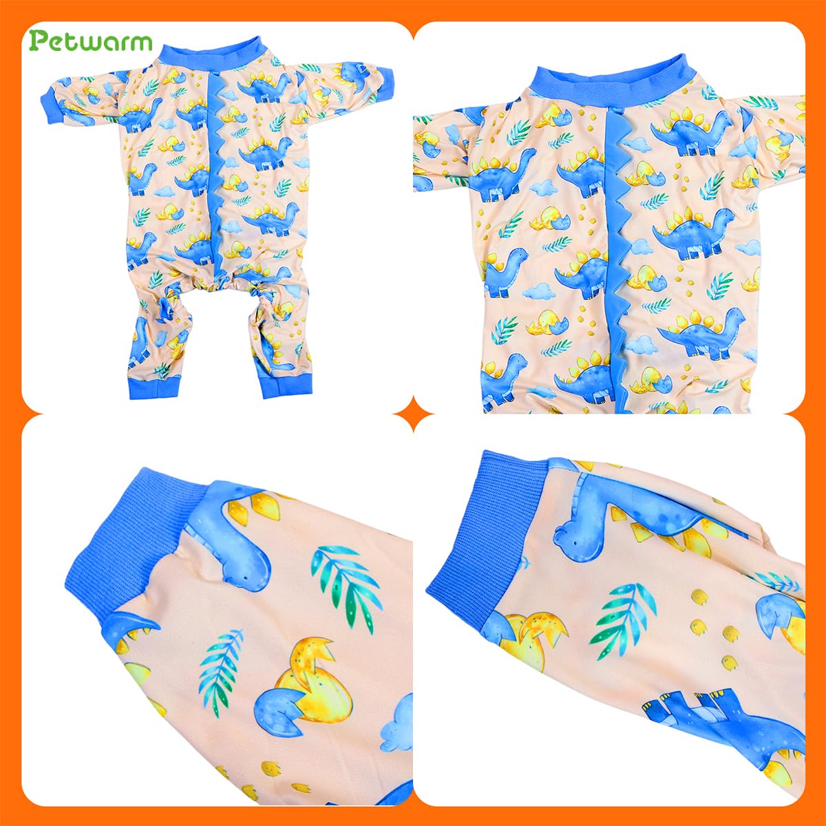 PetWarm Dog Pajamas, Pajamas for Dogs, All-Season Wear for Daily Walks and Indoor Rest, Travel-Ready for Car Rides, Helps Contain Loose Hair During Seasonal Changes, Dinosaur Print, Light Blue, 2XL