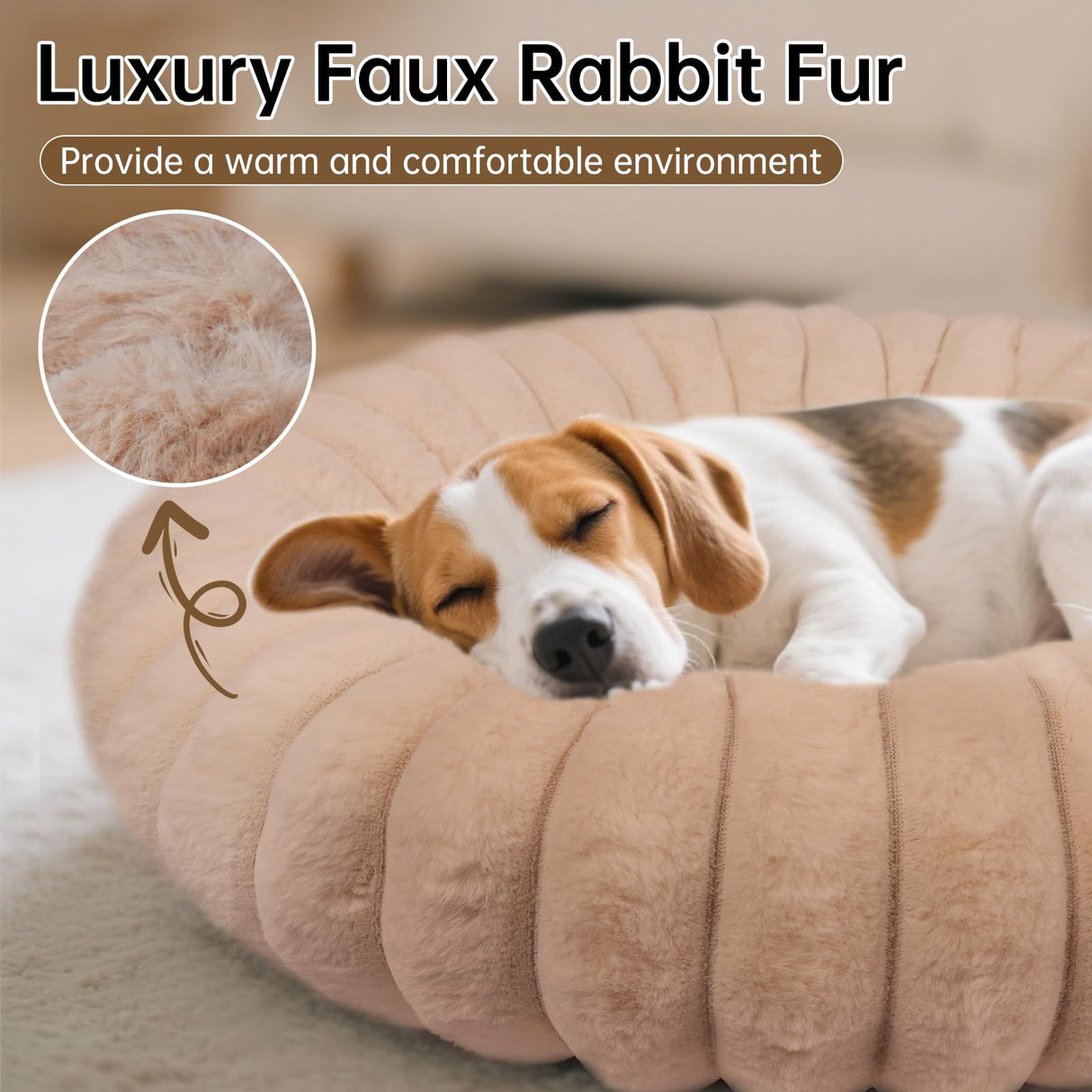 Vhen When Donut Dog and Cat Bed, Luxurious Comfortable Faux Rabbit Fur Pet Beds, Round Anti-Anxiety Calming Puppy Kitten Bed with Anti-Slip Bottom for Small Medium Dogs & Cats(28", Brown)