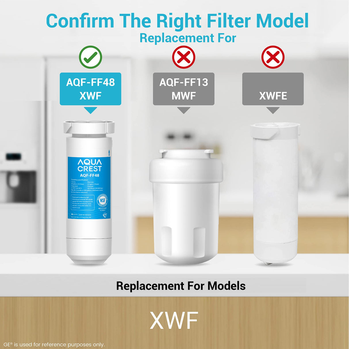 AQUA CREST XWF Refrigerator Water Filter, Replacement for GEยฎ XWF water filter, NSF Certified, 2 Filters
