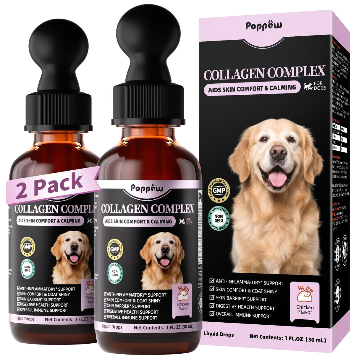 POPPAW Liquid Collagen for Dogs Skin Comfort & Calming, Dog Itch Relief & Anti-Scratching & Coat Supplement with Biotin for Skin Barrier & Sensitive Immune Health Support - Chicken Flavor, 2 FL.Oz