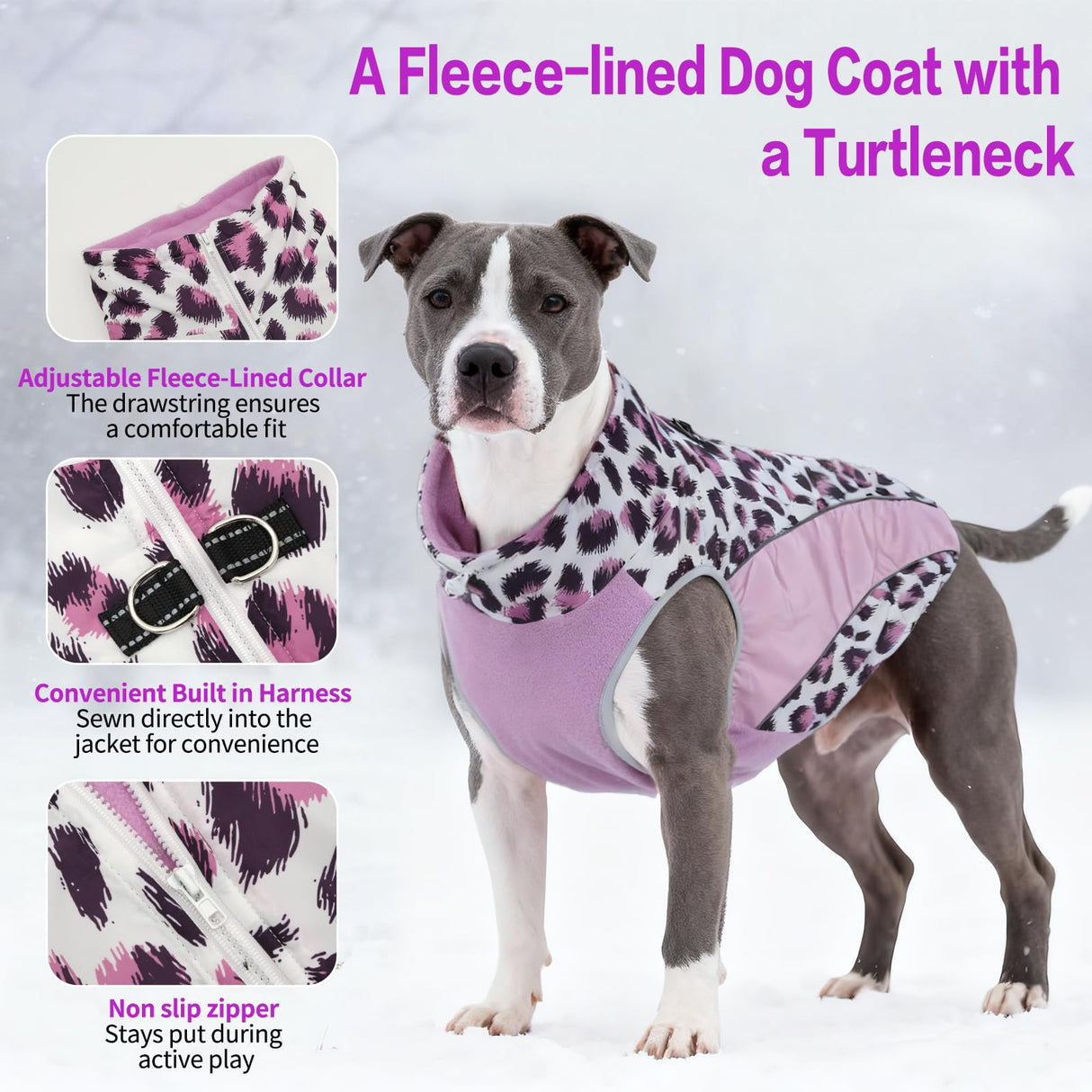 UNIPUP Dog Coats for Large Dogs with Harness Built in, Waterproof Dog Jacket Warm Pet Winter Coat Snowsuit for Cold Weather, Reflective Fleece Windproof Jacket, Purple, U-LDMF05XXL