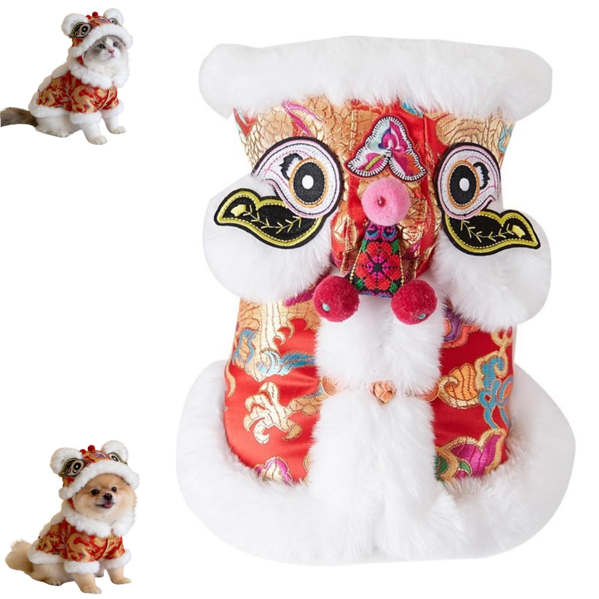 Cute Dance Lion Pet Costume with Red Sequins New Year Cat Dog Clothes Hoodies Coat Chinese Lion Dance Dog Costume, Spring Festival Pet Outfit (X-Small)